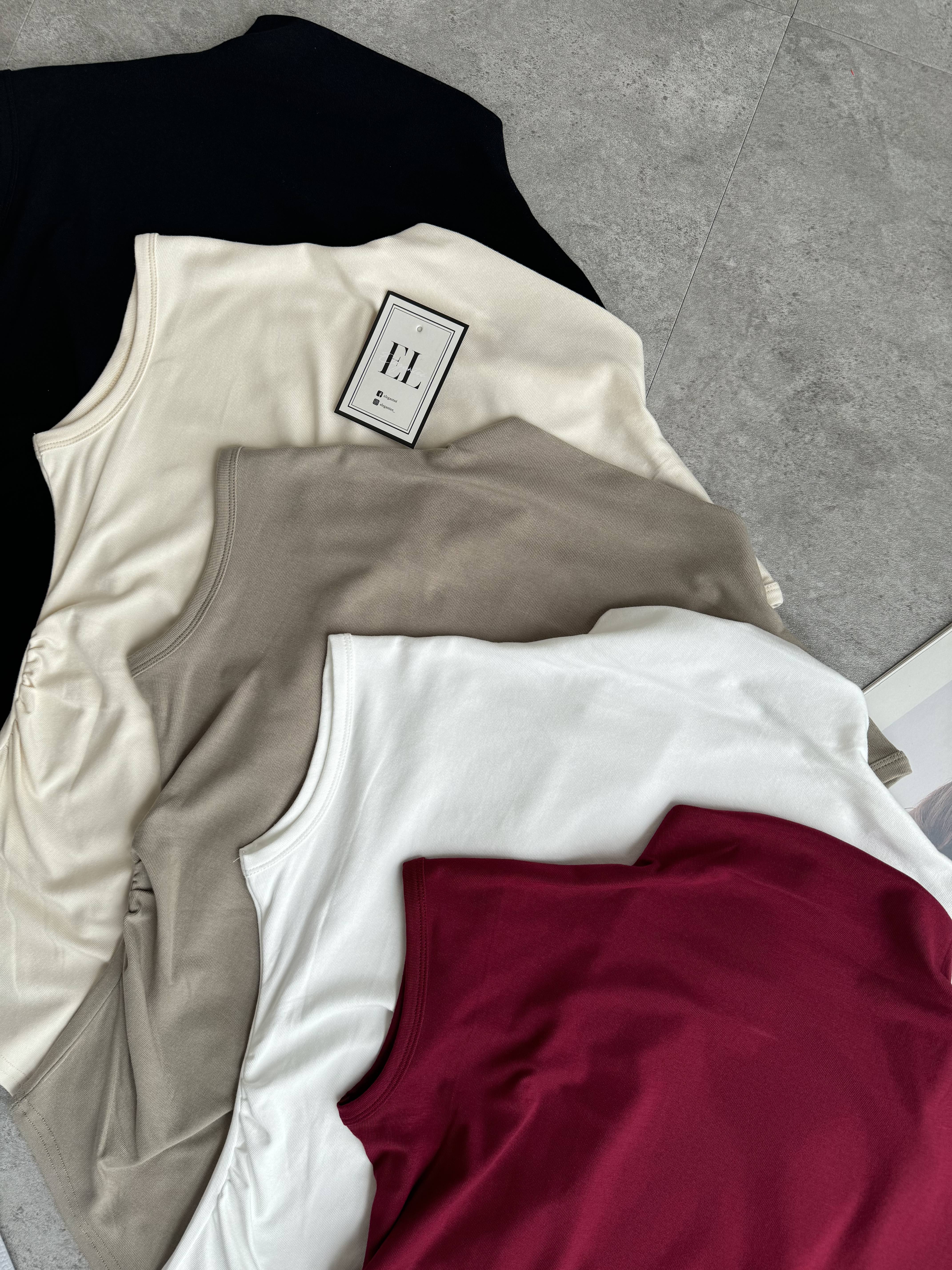 高领皱褶腰斜尾设计软棉Tee