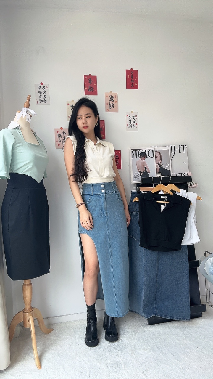 2纽设计感牛仔长裙