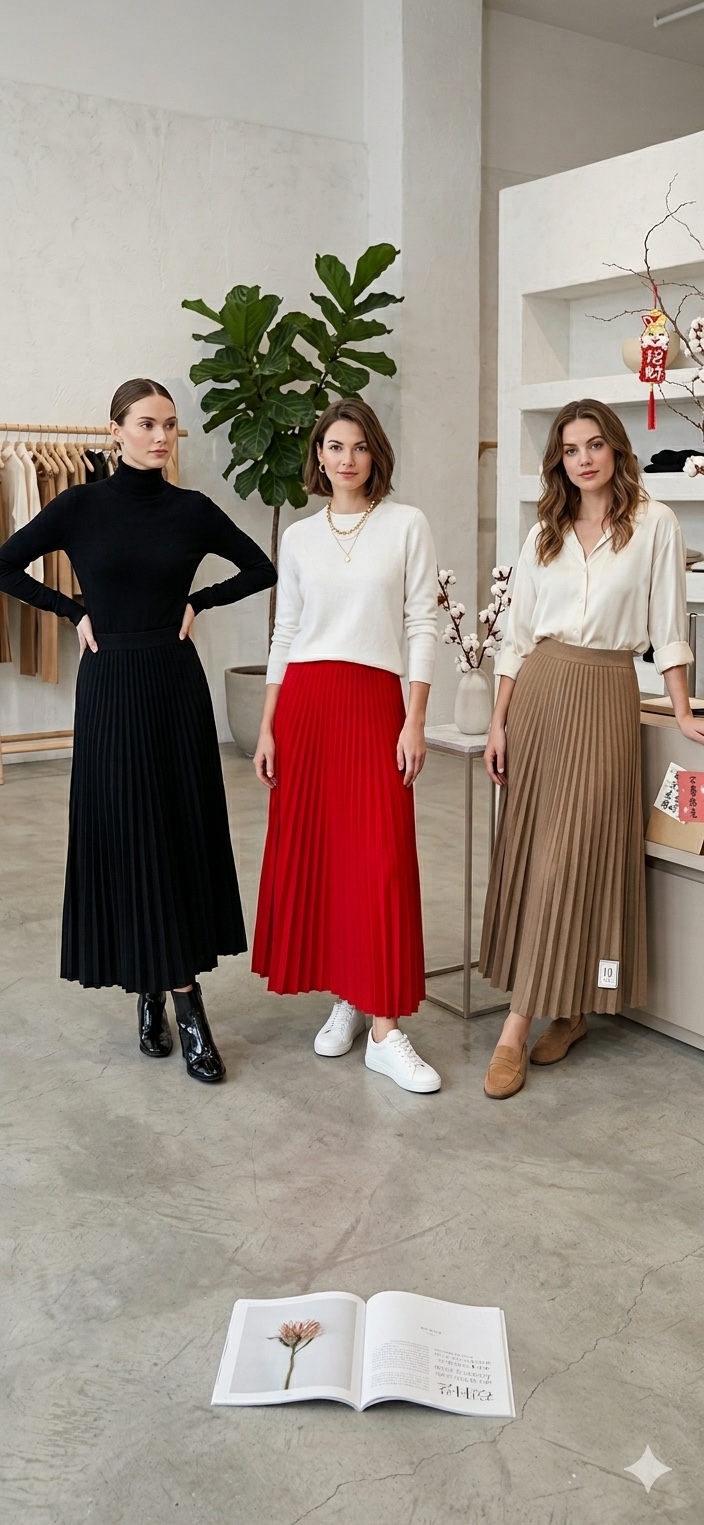 厚针织百褶伞子裙