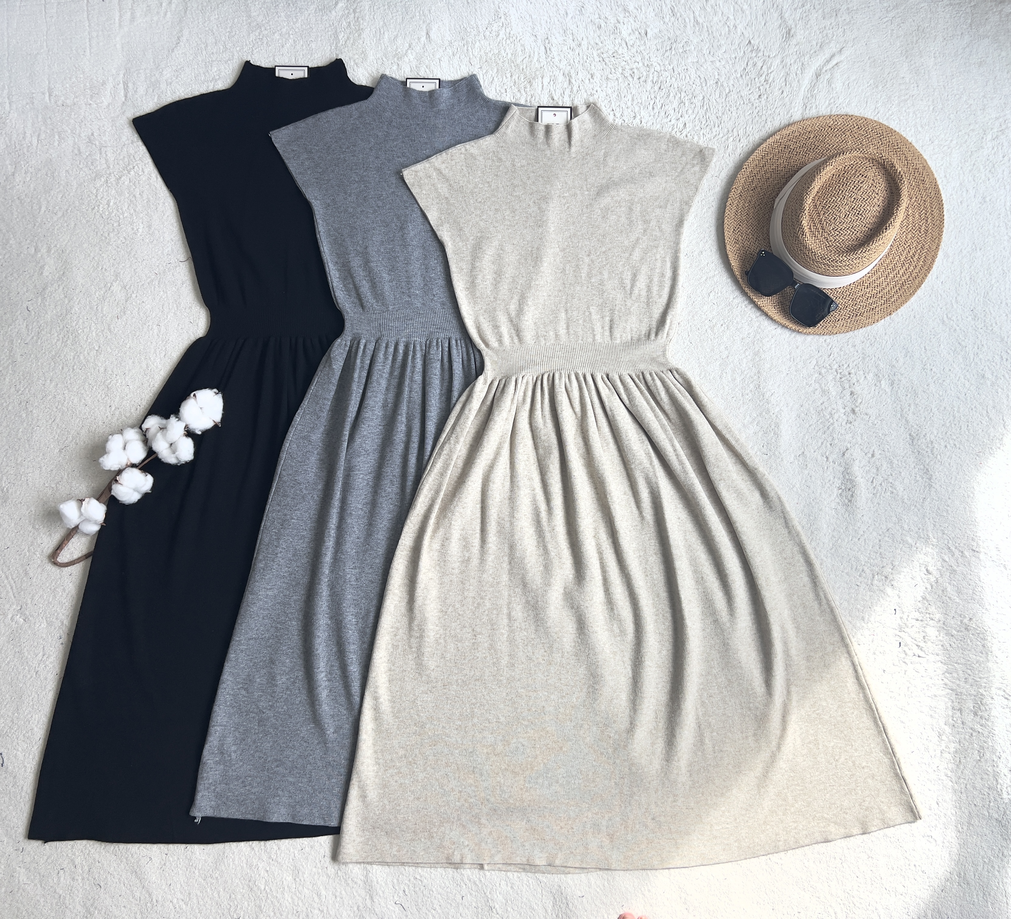 气质落肩袖中高领针织连身裙