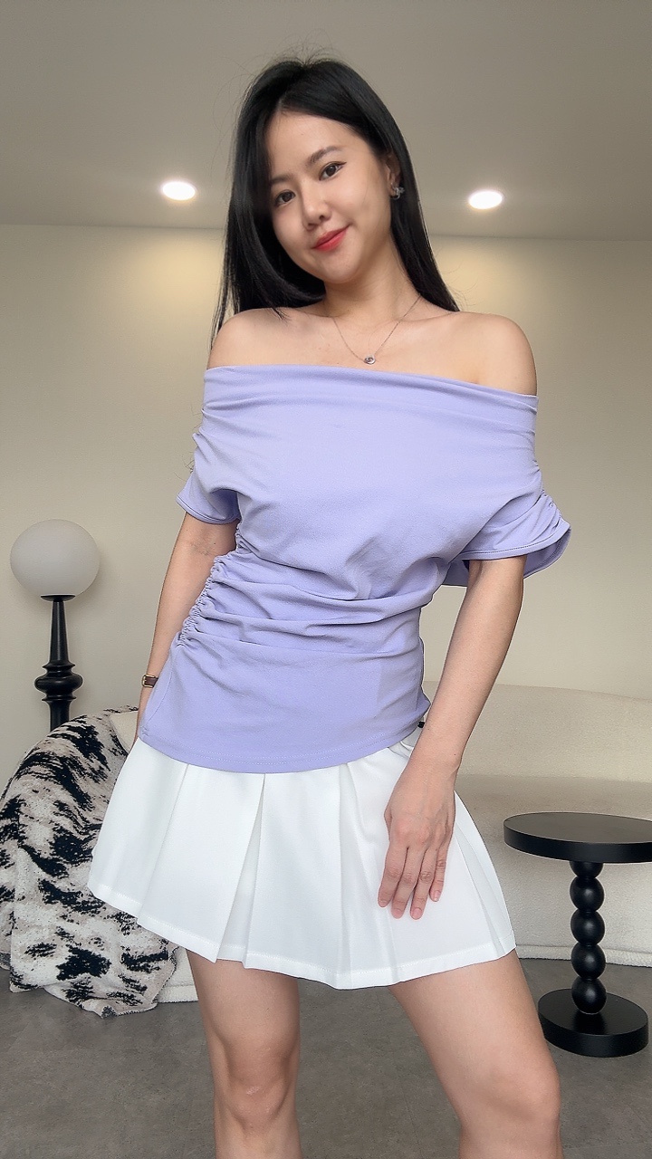 一字领小短袖腰间抽绳Top