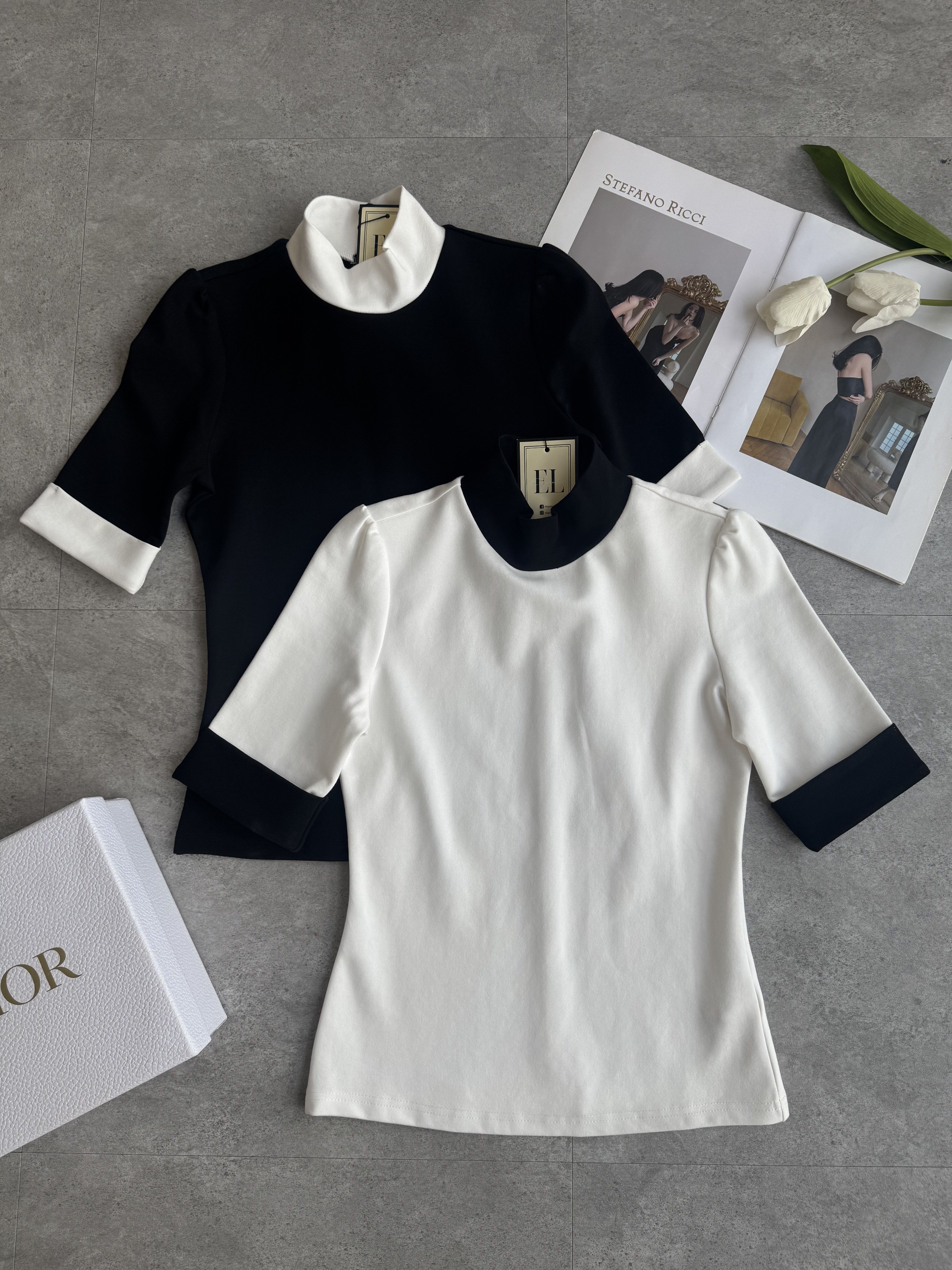 法式高级高领拼色中袖上衣