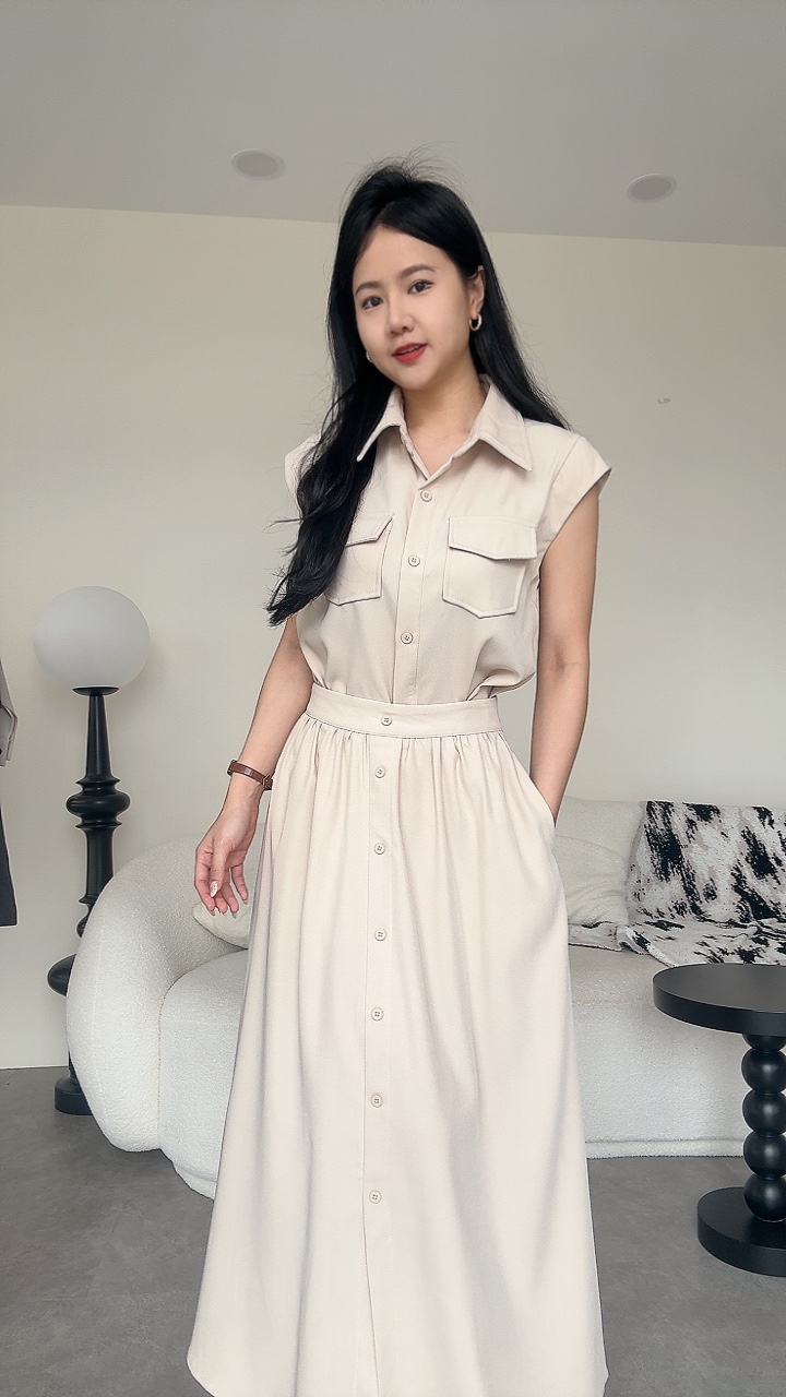 一节袖口袋A摆长裙套装