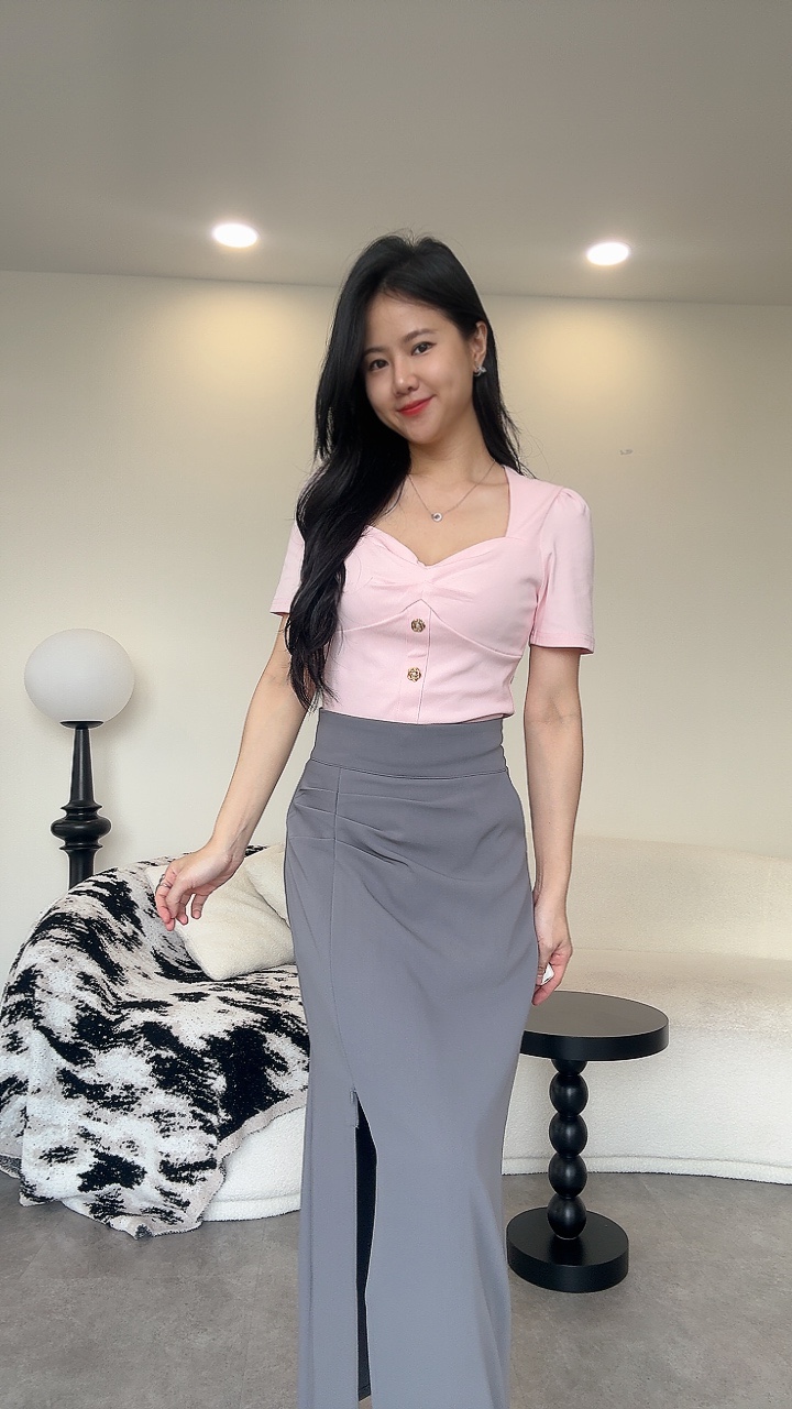 高腰三折拉链滑面长裙