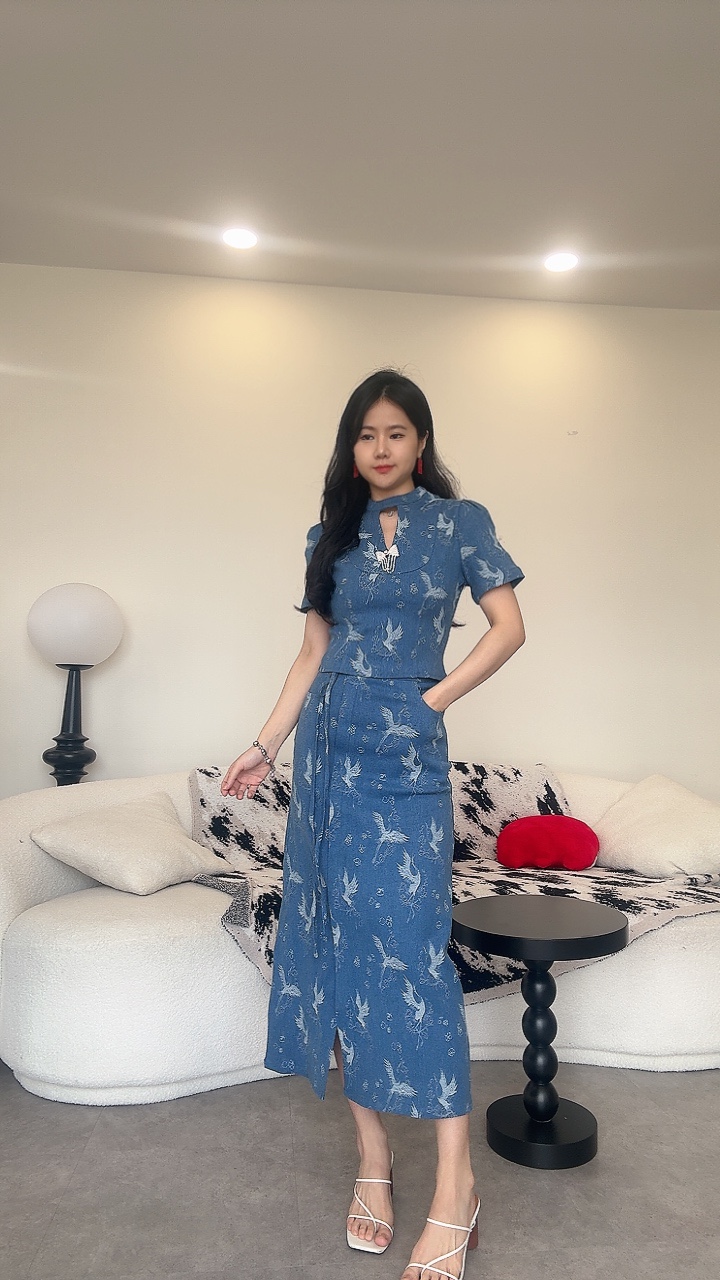 《新年》蝴蝶钻牛仔短袖长裙套装