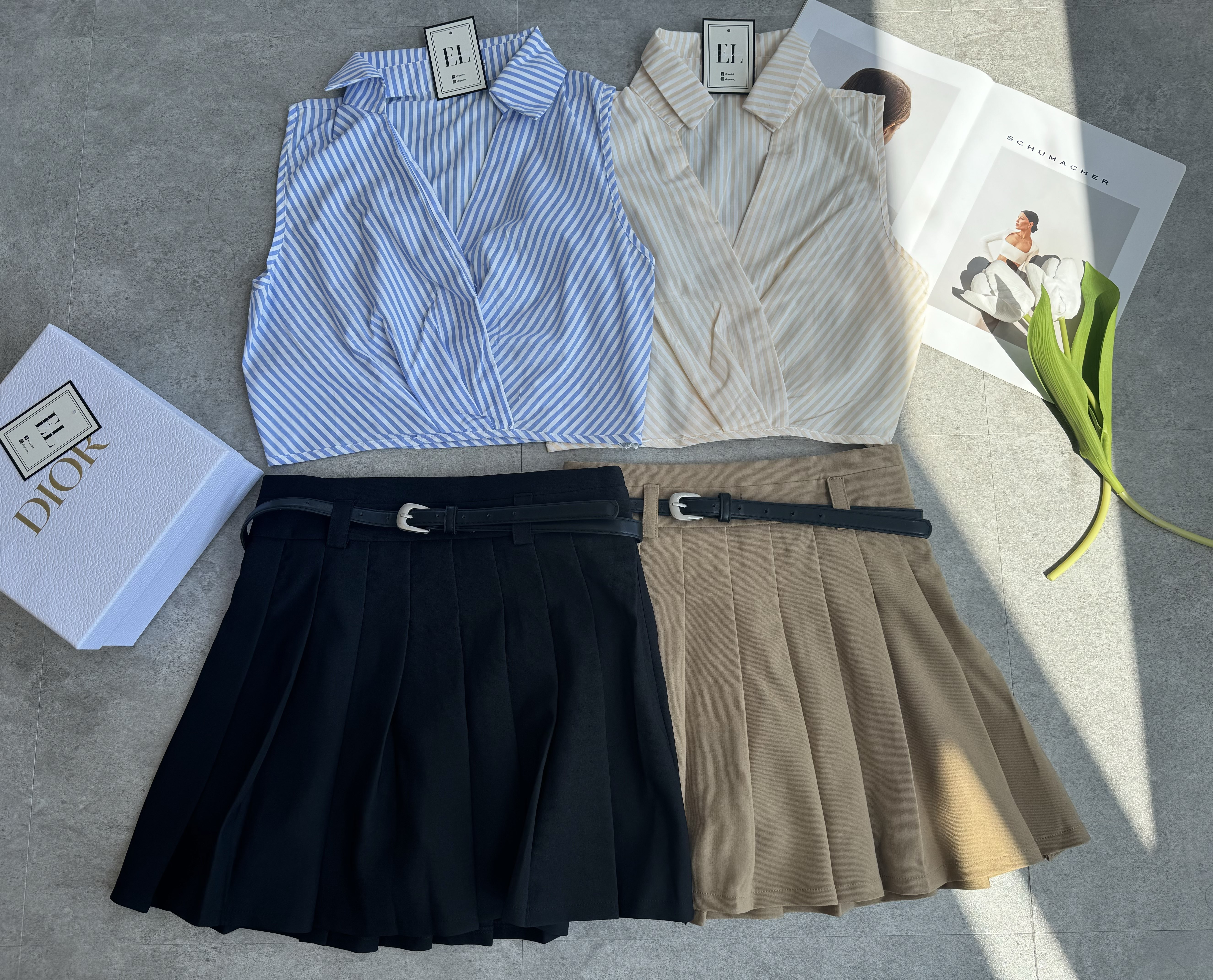 夏日无袖线条百褶裙套装