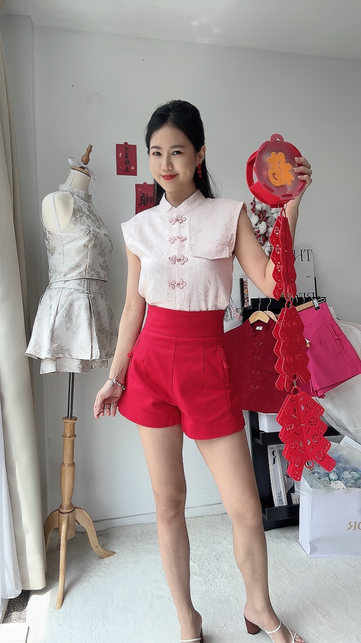旗袍扣口袋厚腰线短裤