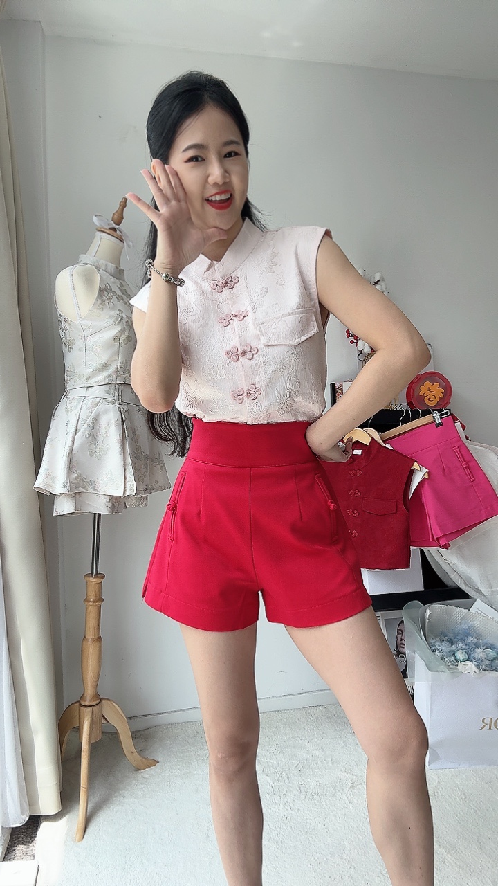 旗袍扣口袋厚腰线短裤