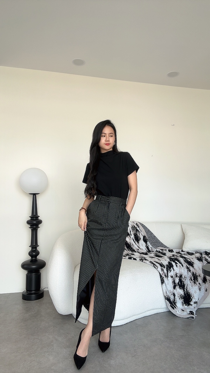 麻棉&滑面料前开叉显瘦直长裙