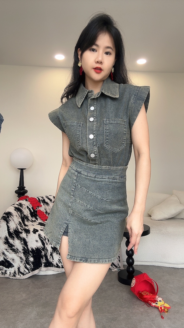 直角肩牛仔短裙套装