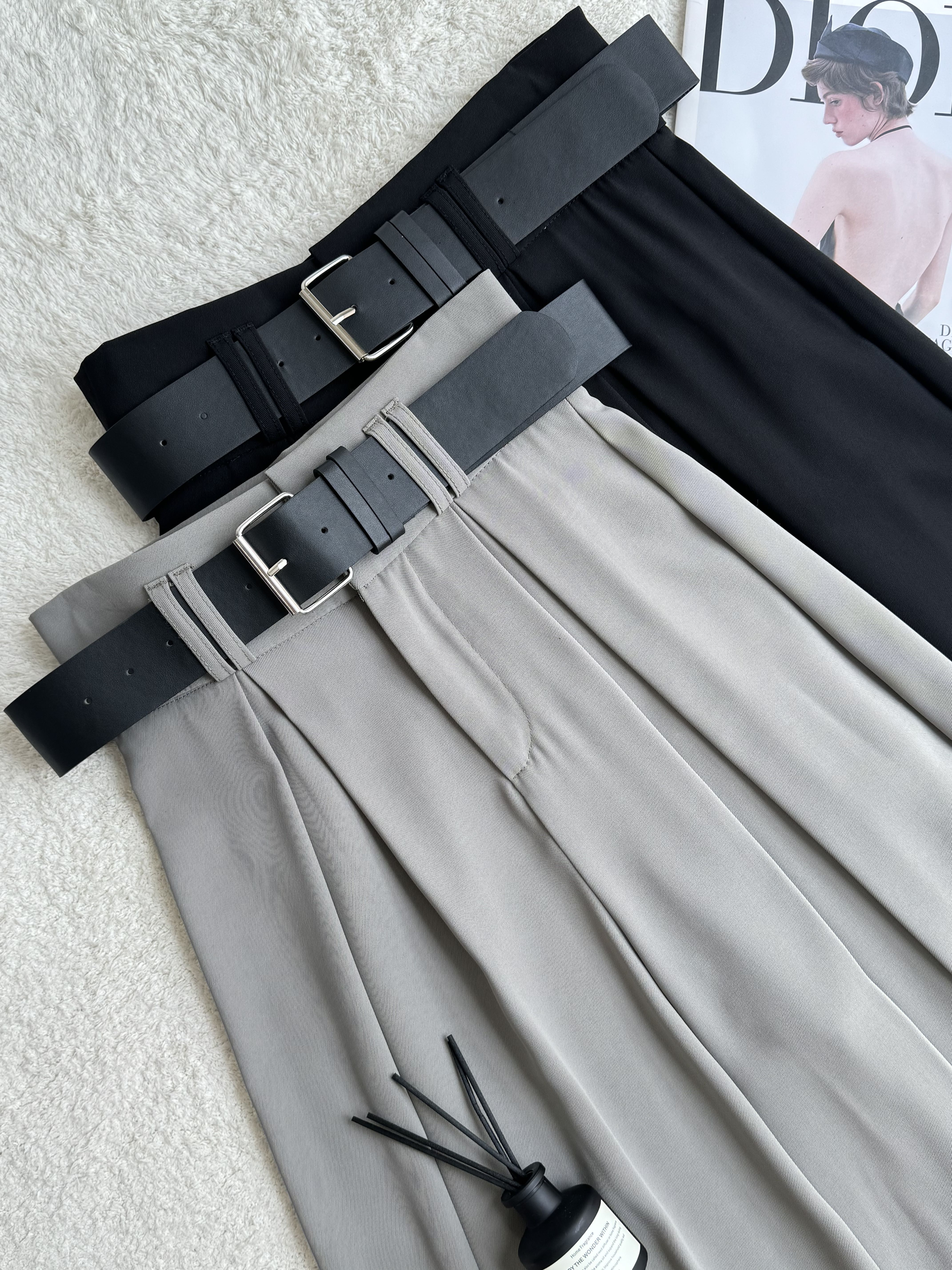 滑面高开褶阔腿裤-附送腰带