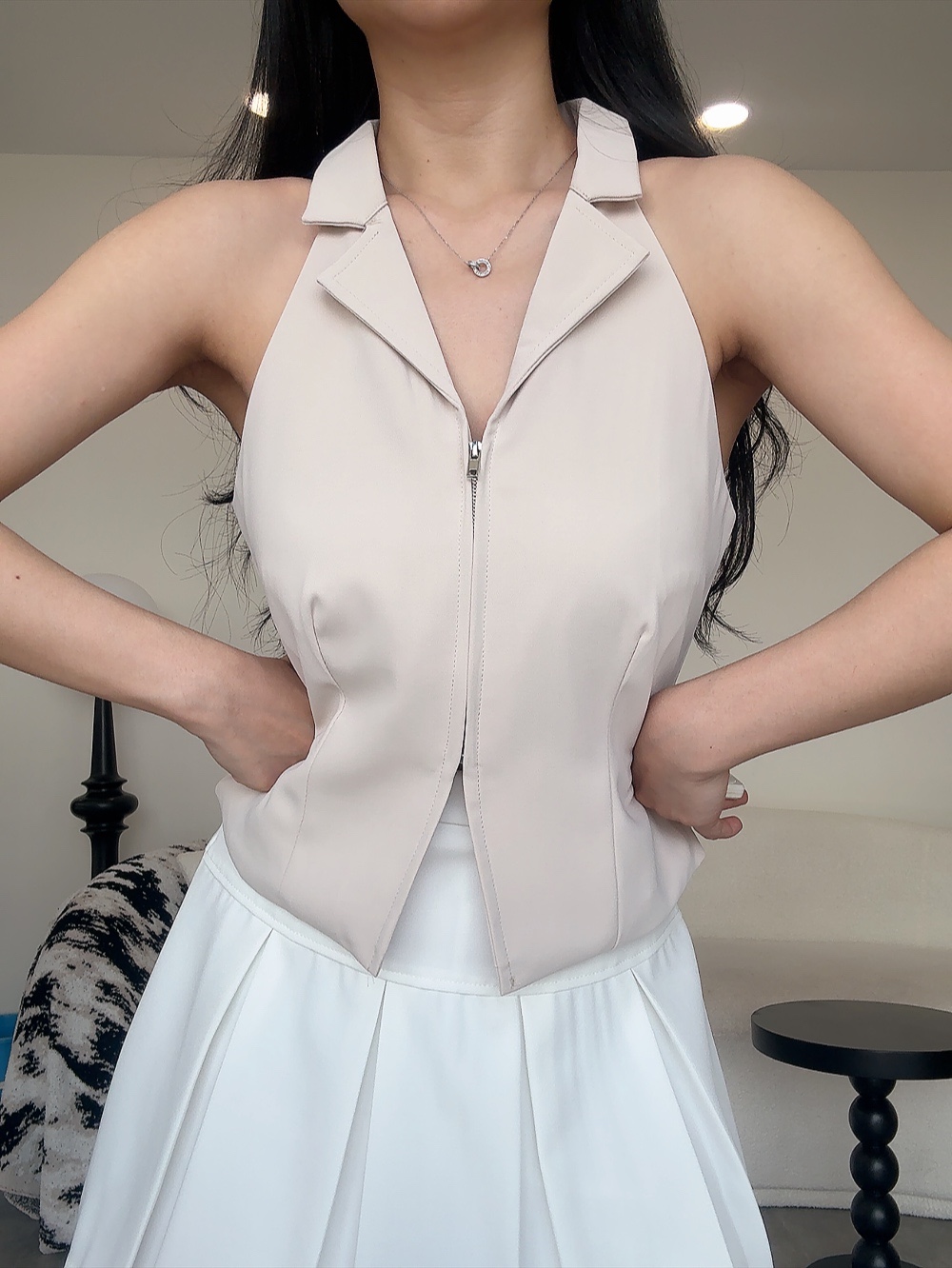 酷姐无袖滑面拉链挂脖Top