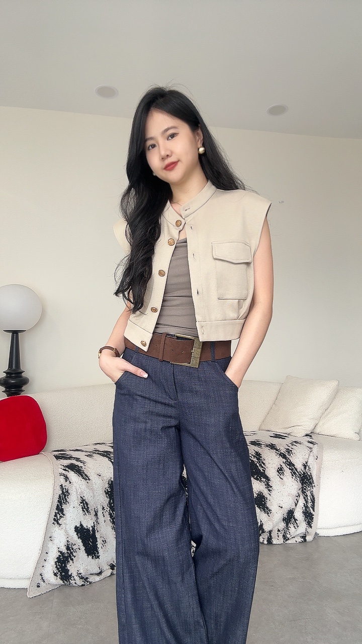 厚Cotton金扣弹性塑胶腰口袋上衣