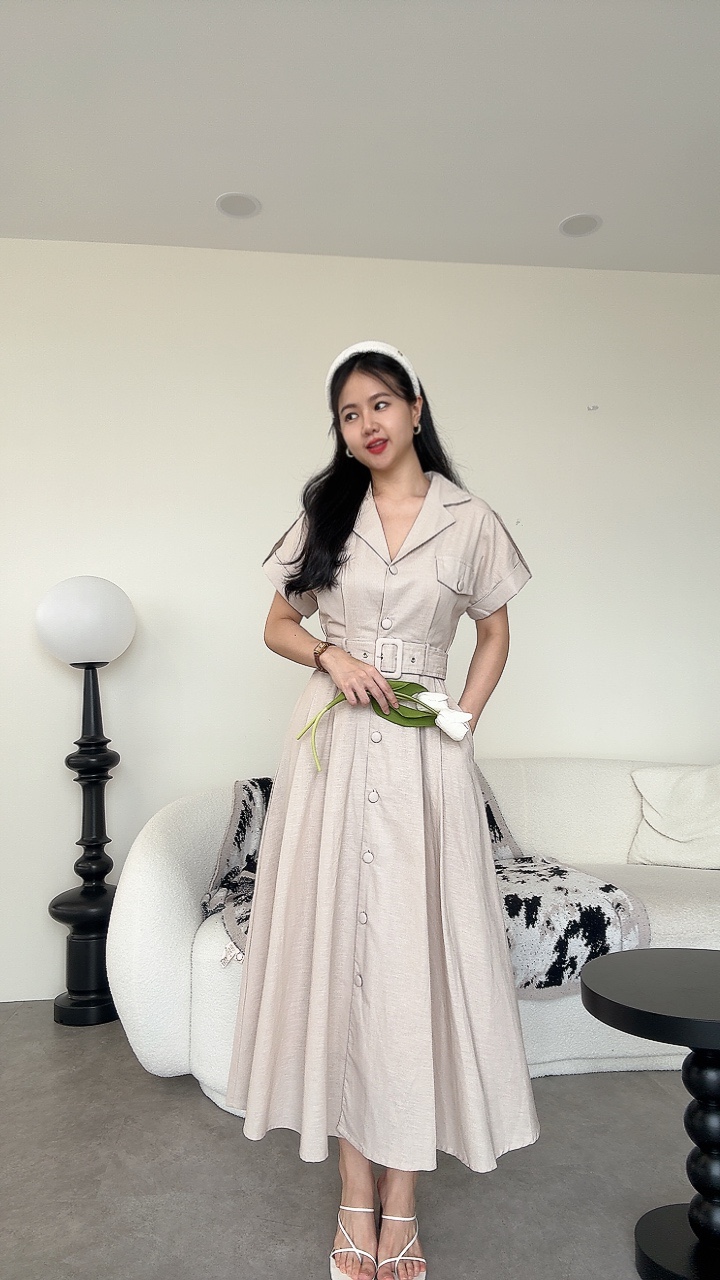 亚麻卷袖厚腰带连身裙