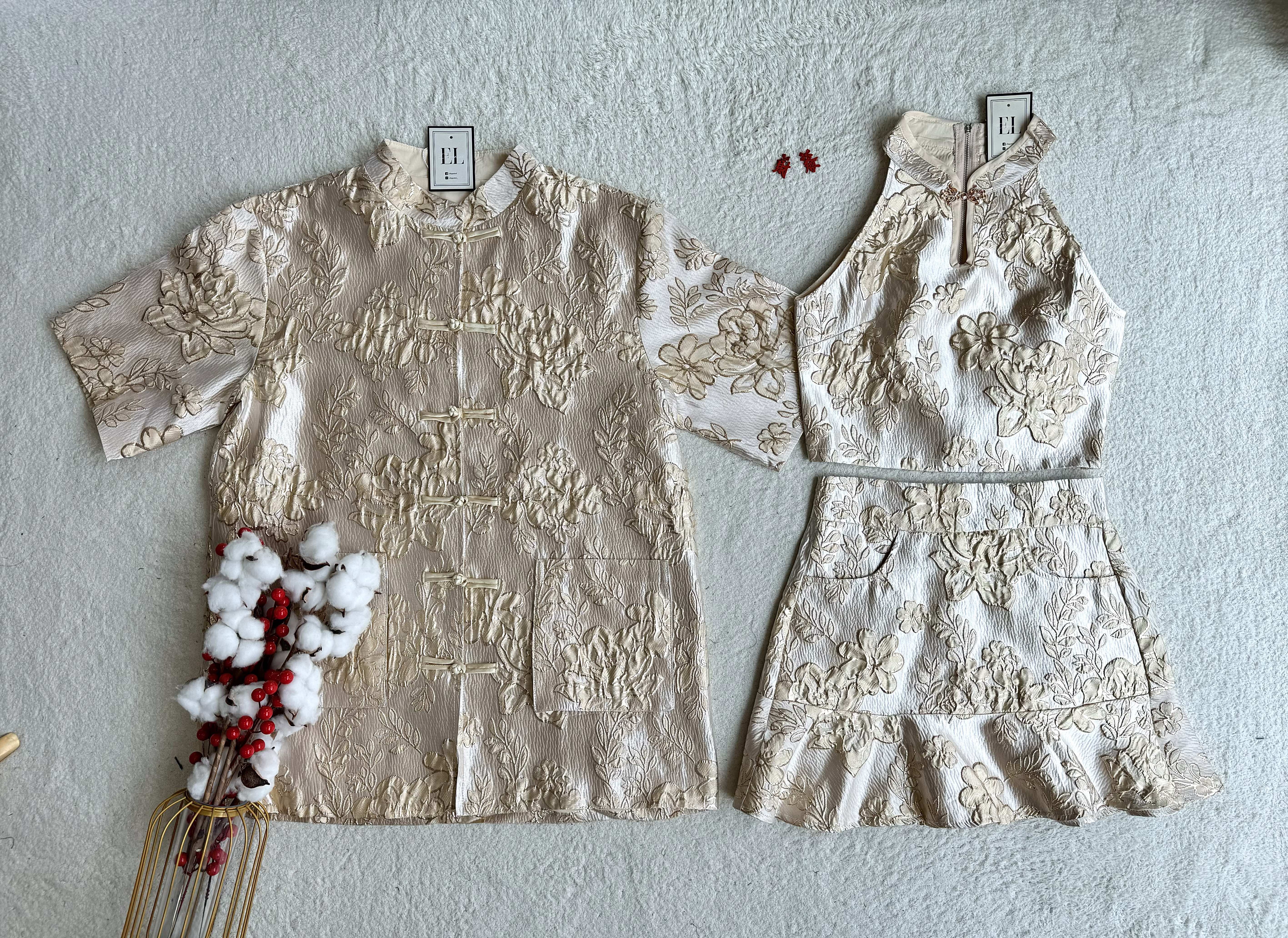 （情侣-女）金边绣旗袍挂脖短袖套装