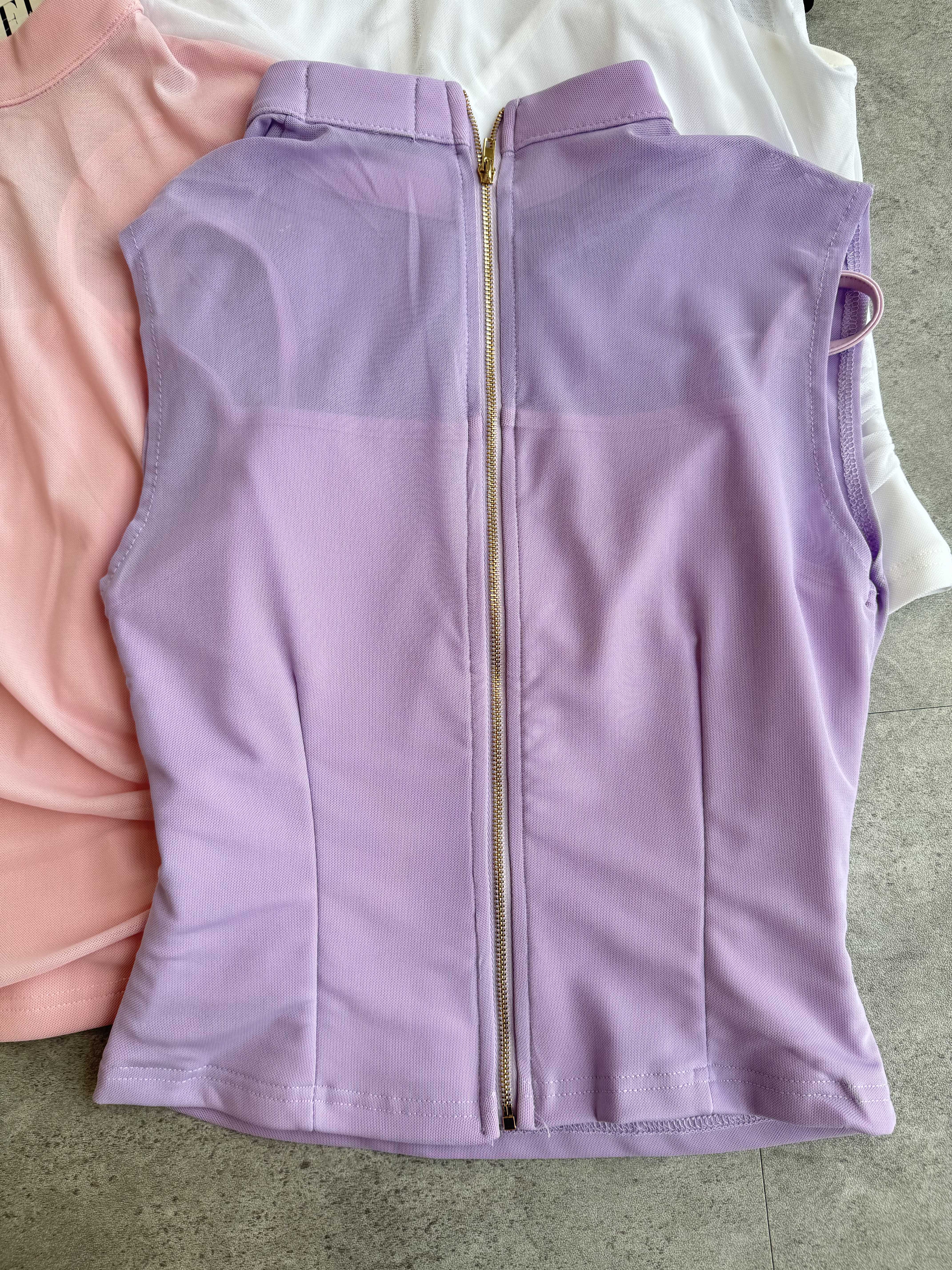 假两件网纱皱褶腰无袖上衣