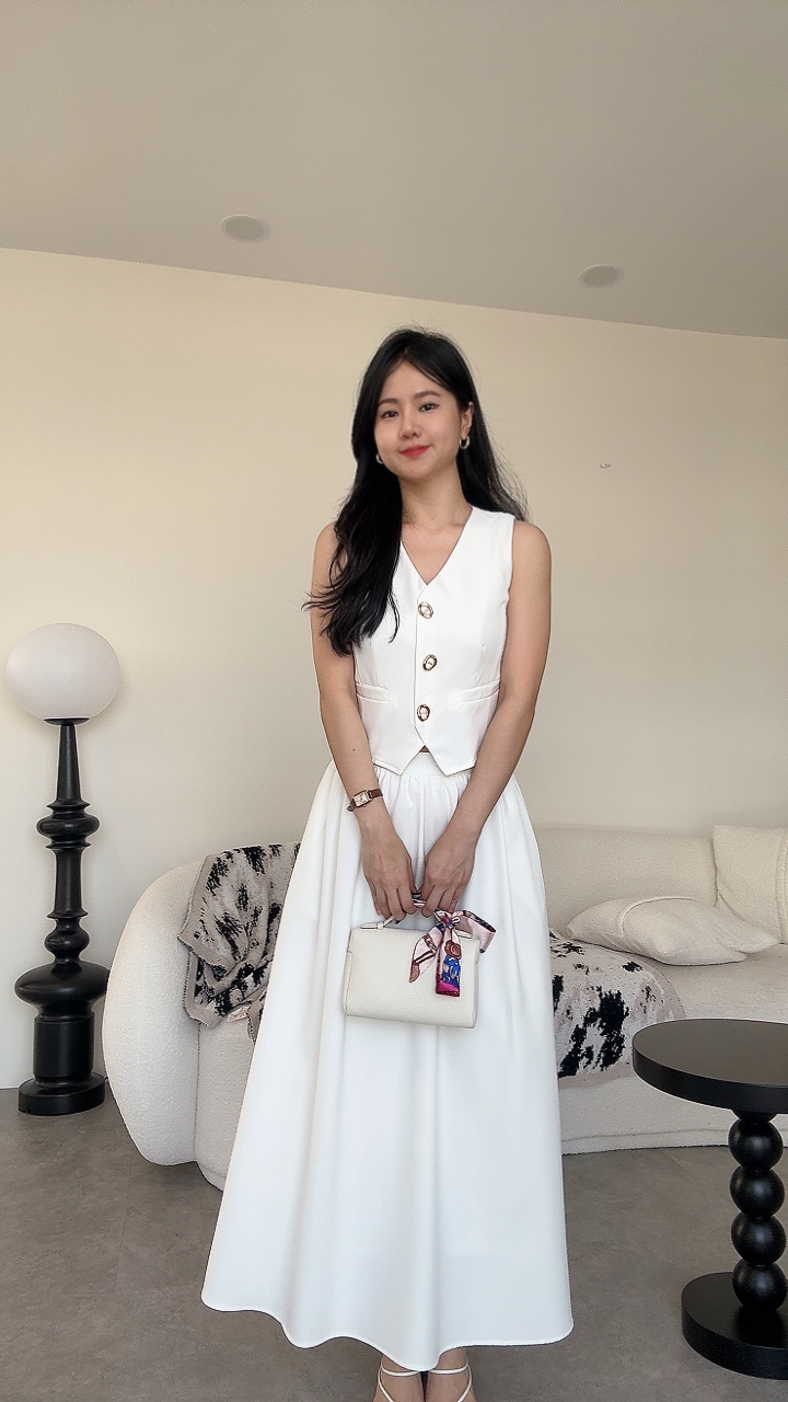  知性金扣拉链长裙套装