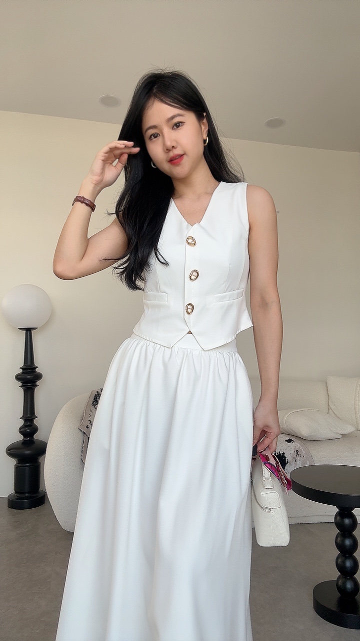  知性金扣拉链长裙套装