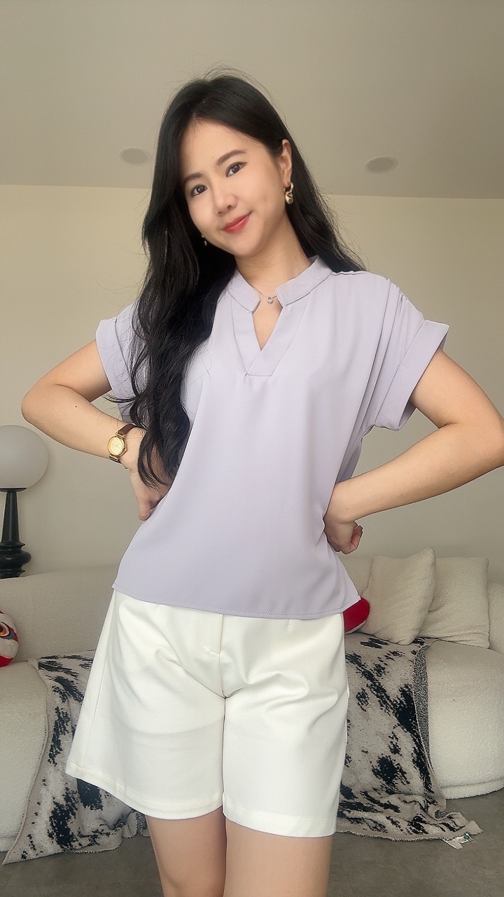 New雪纺立领卷袖Top