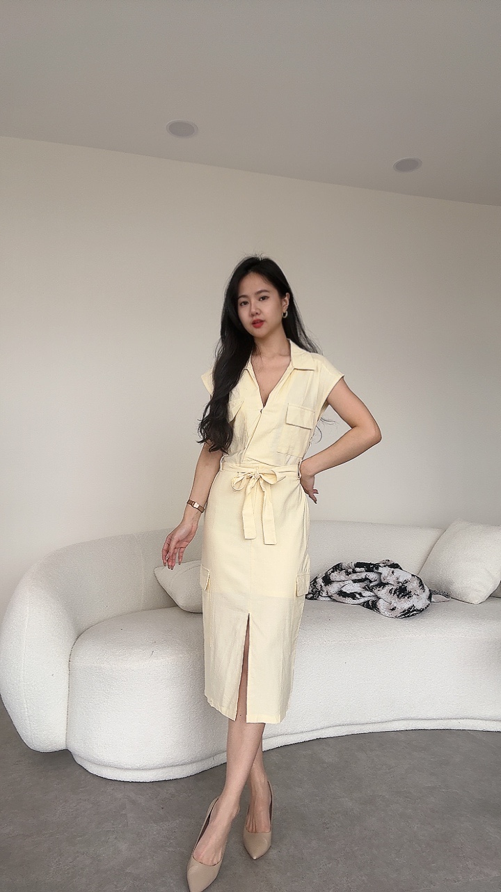 软麻轻爽工装风过肩袖dress