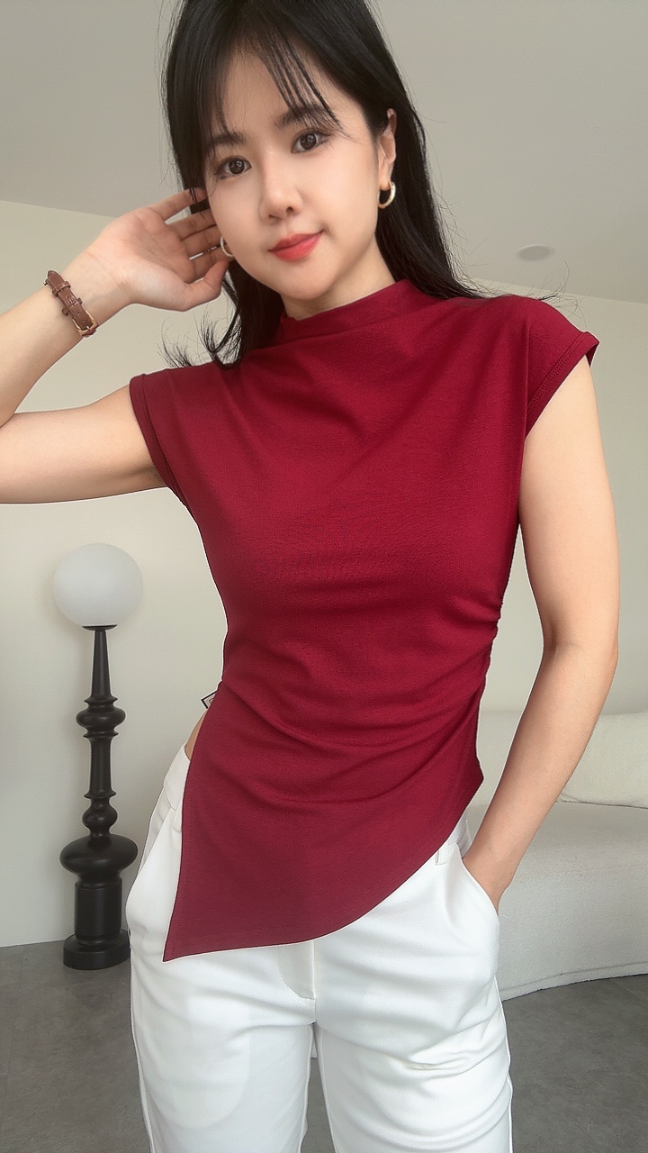 高领皱褶腰斜微设计软棉Tee