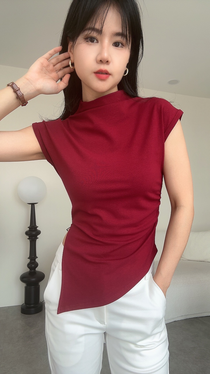 高领皱褶腰斜微设计软棉Tee