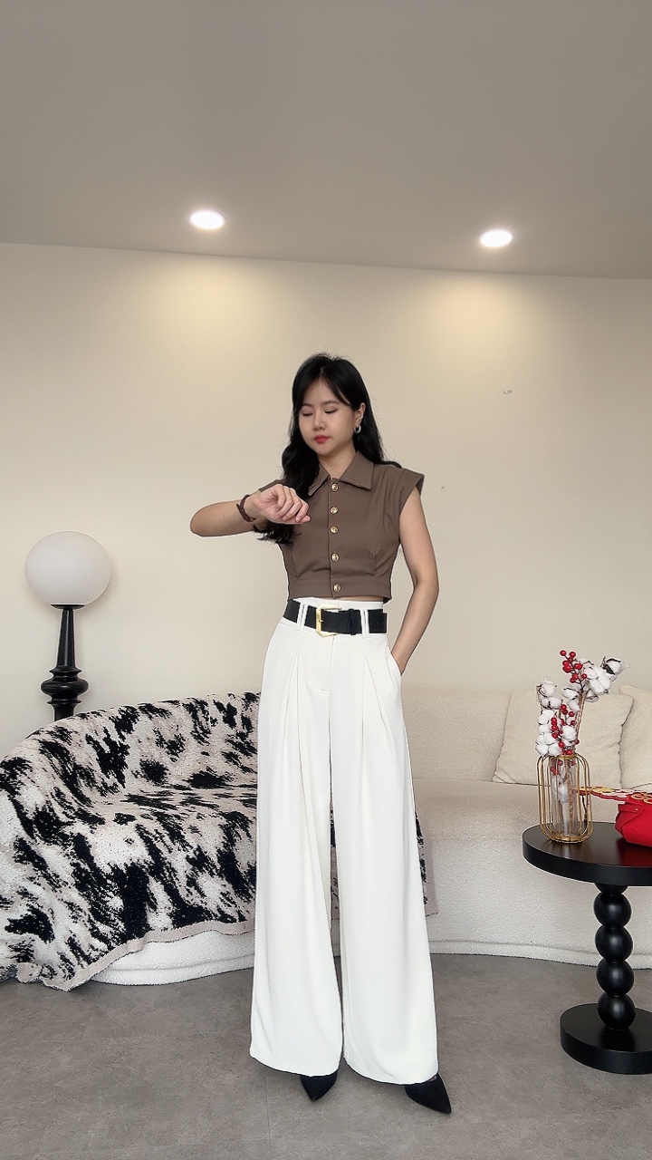 NEW滑垂厚金腰带高腰阔腿裤