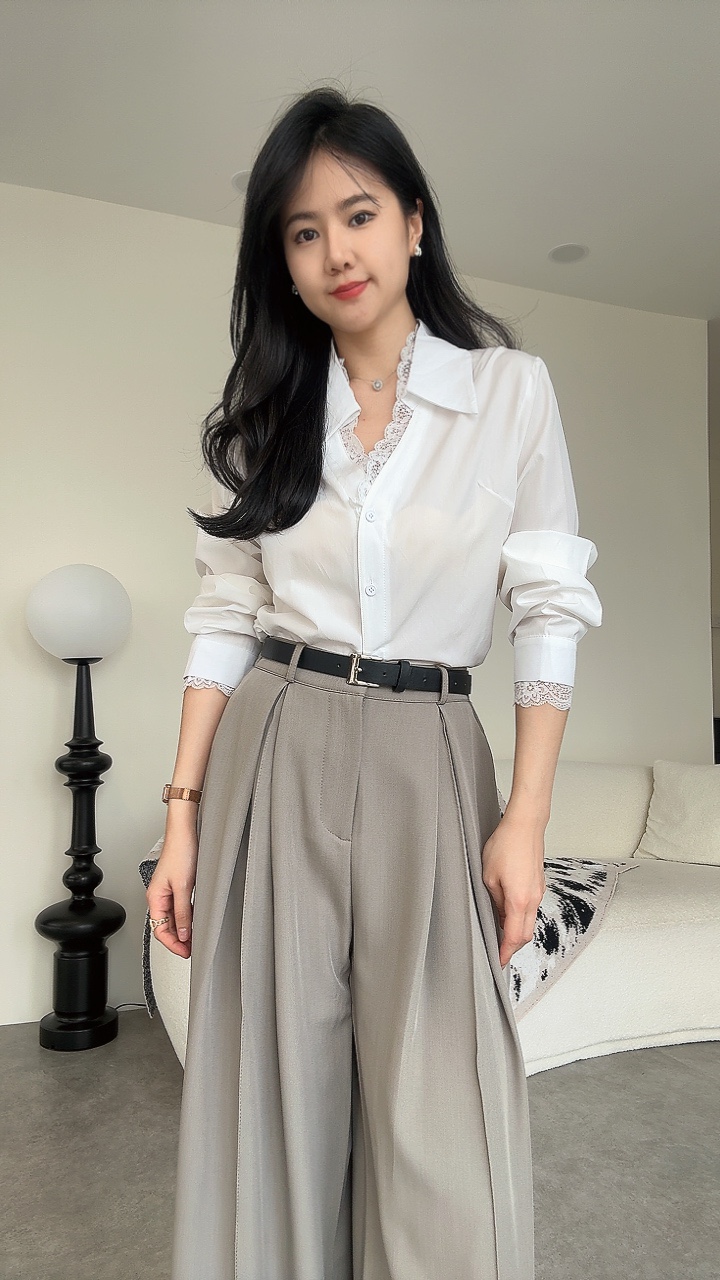 蕾丝边收腰长袖衬衫