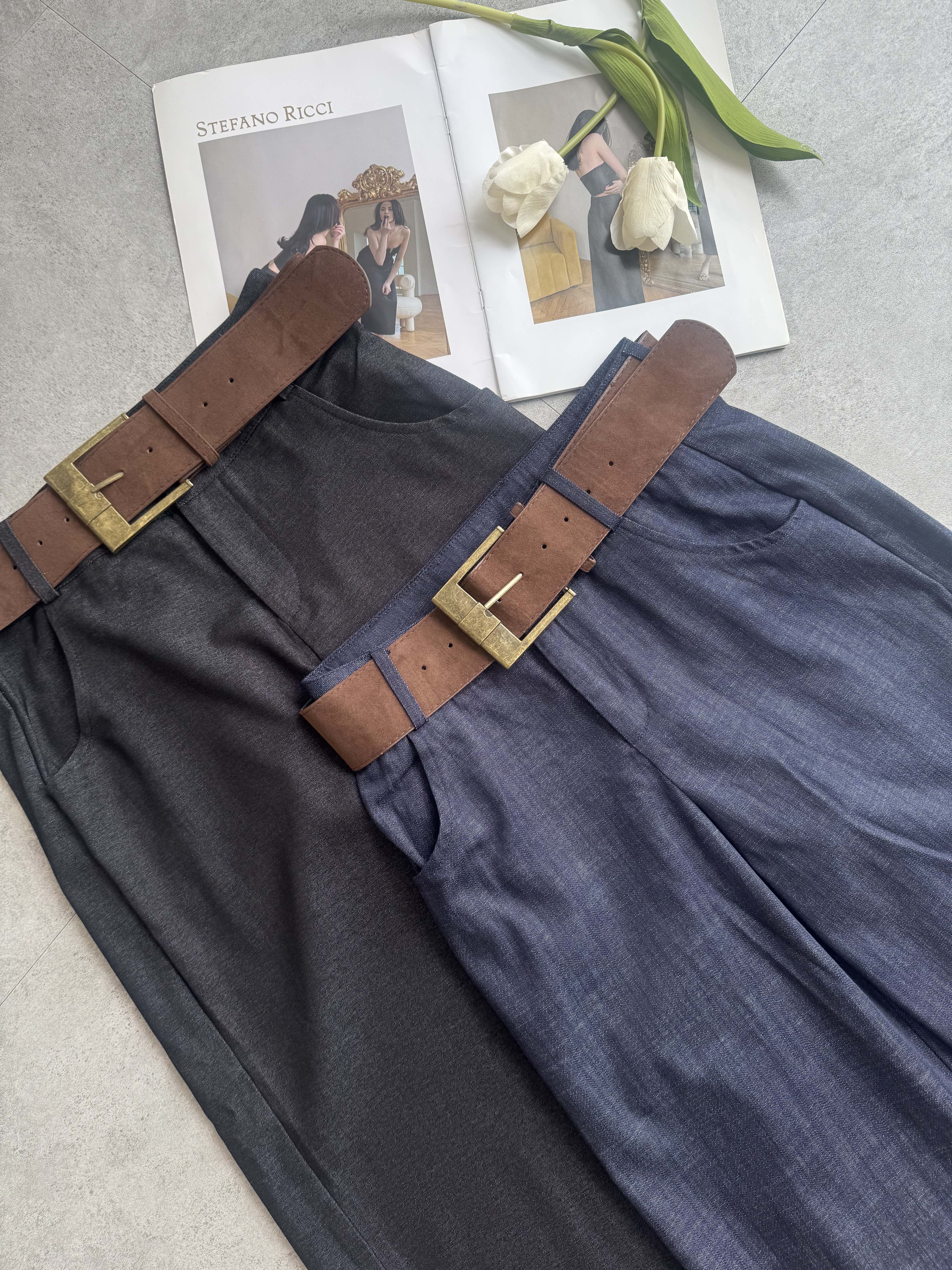 复古绒布厚腰带Denim-like高腰阔腿裤