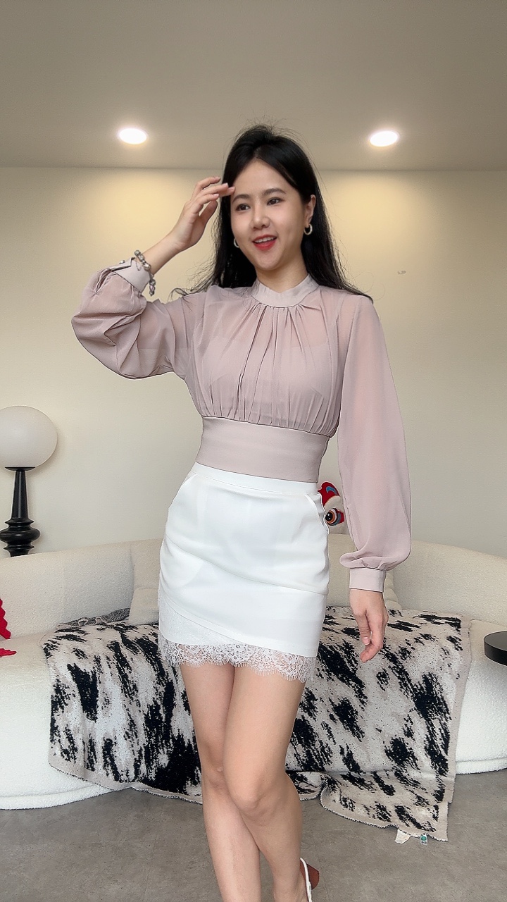 法式皱褶领雪纺长袖Top