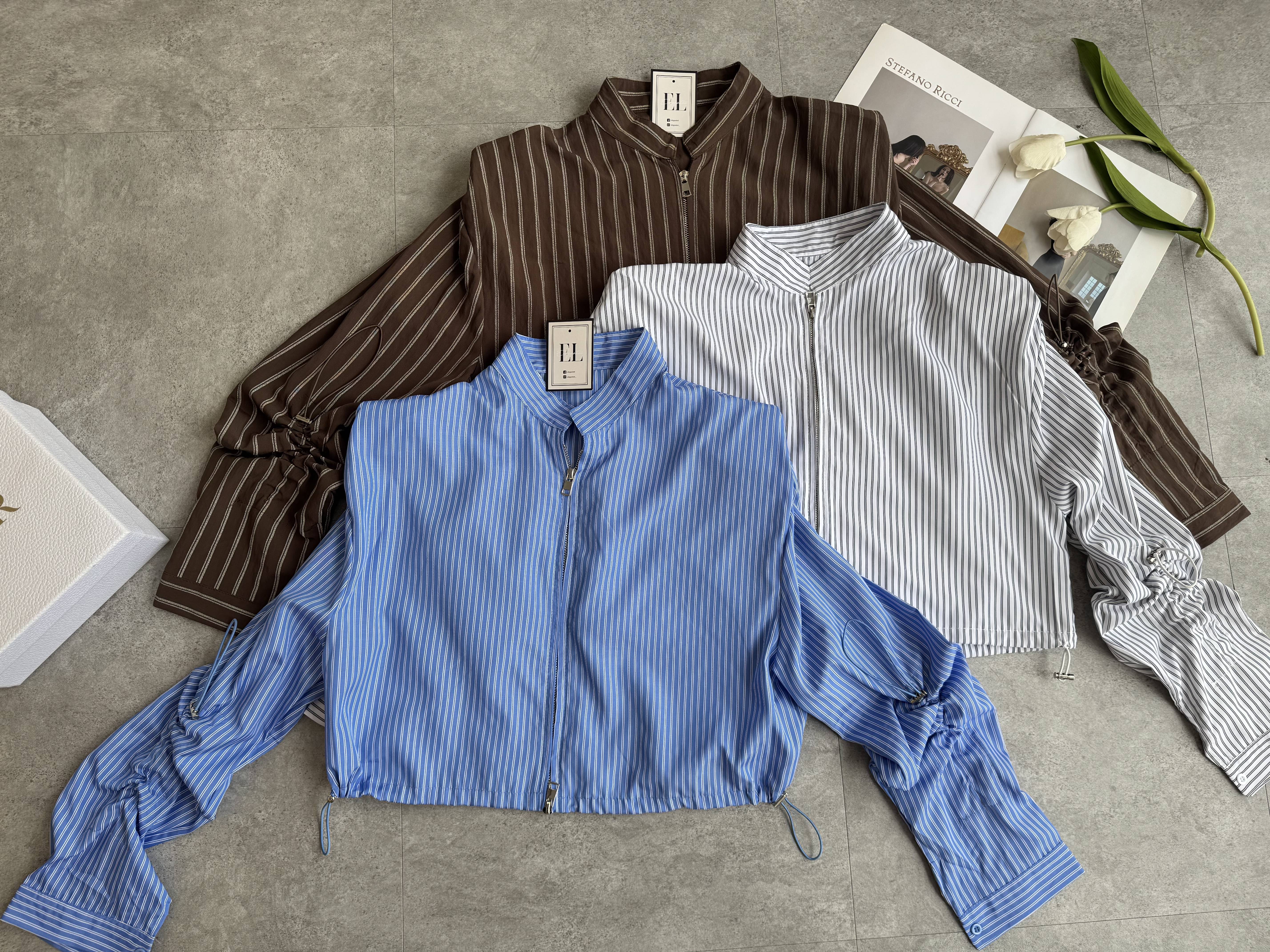 大女主垫肩松紧带长袖拉链衬衫