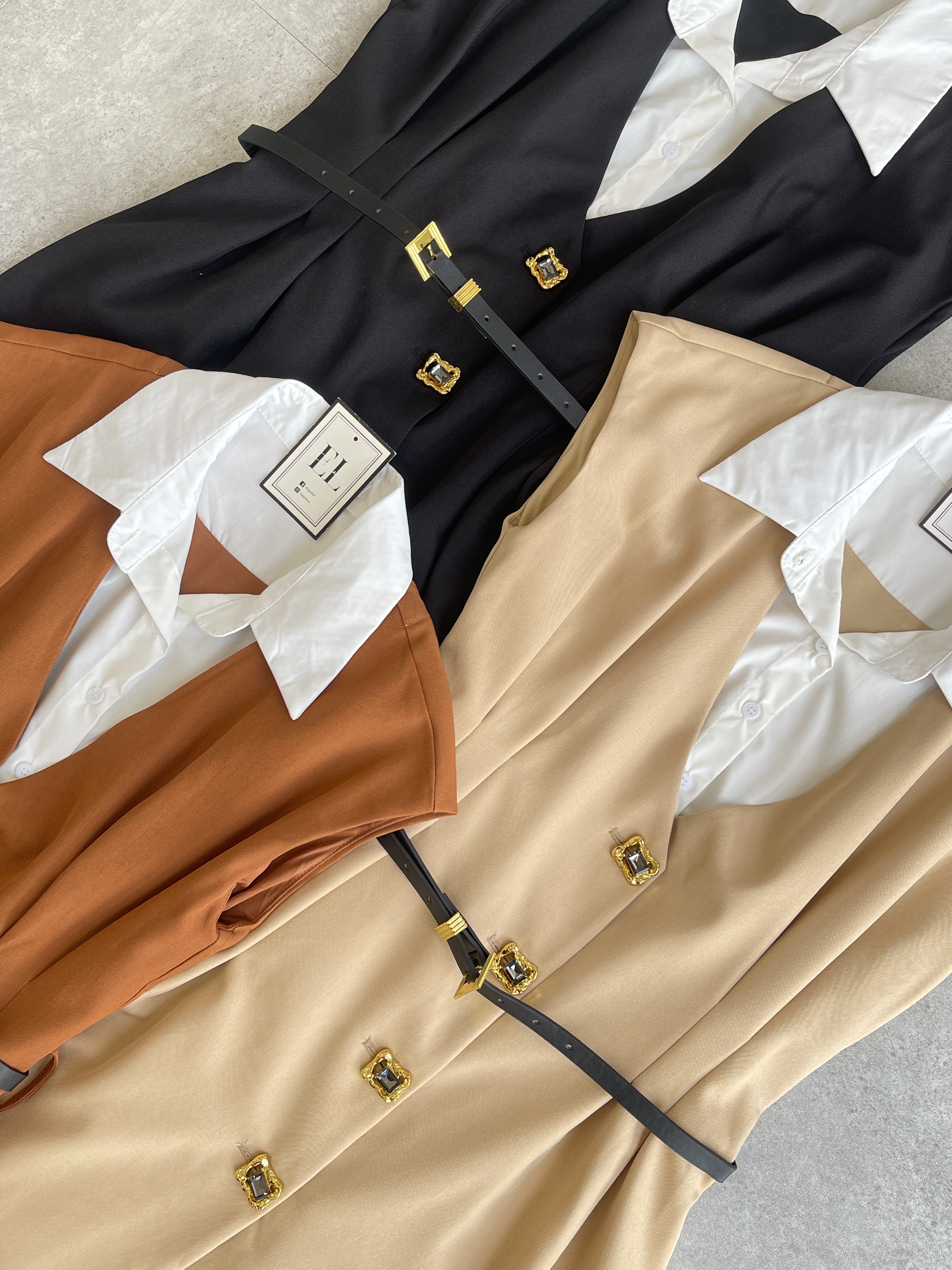 假两件宝石扣连身裙-腰带