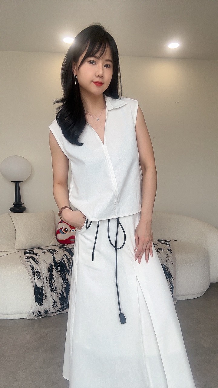 亚麻气质Muji风A版大长裙Set（Belt）
