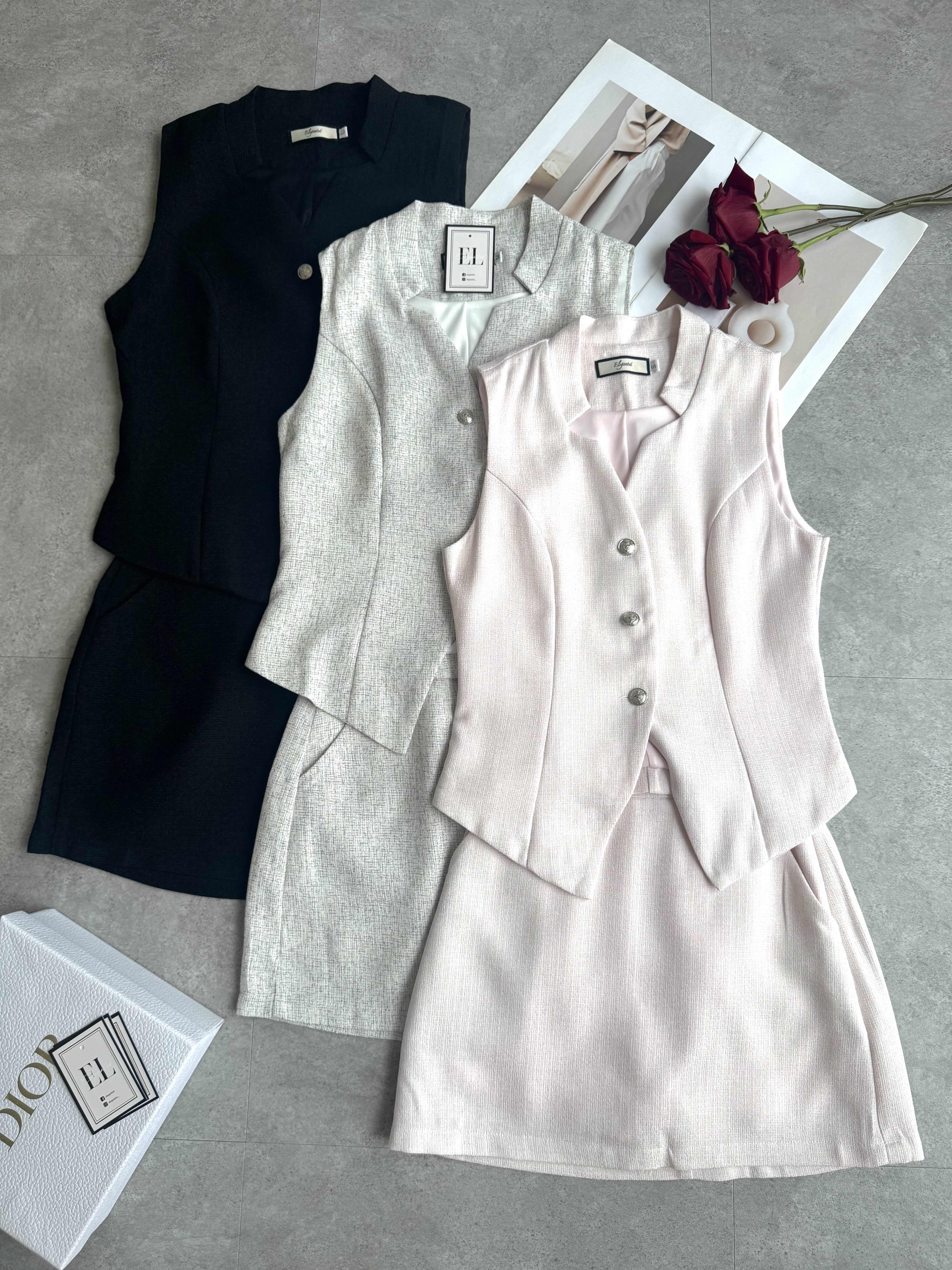 小香银扣马甲短裙套装