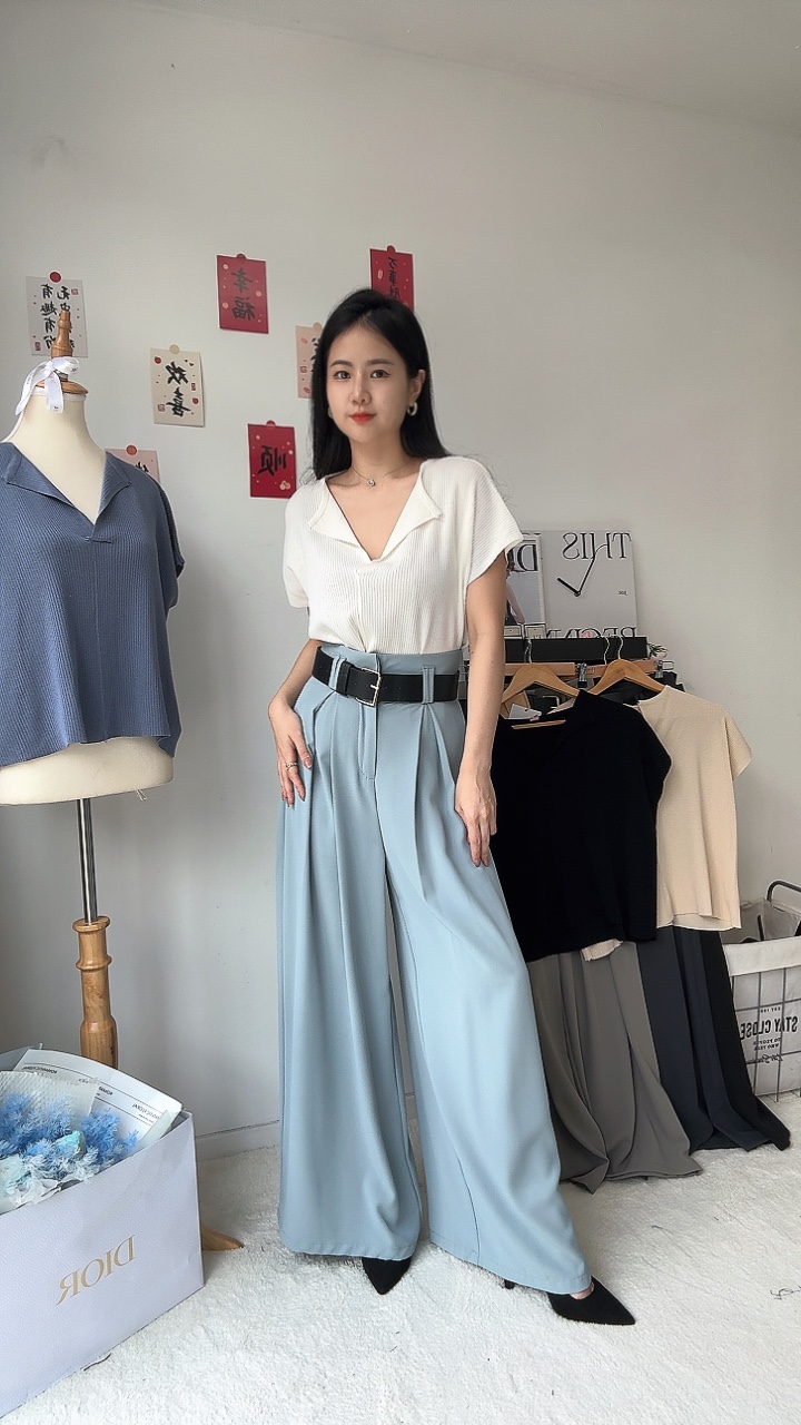 滑面高开褶阔腿裤-附送腰带