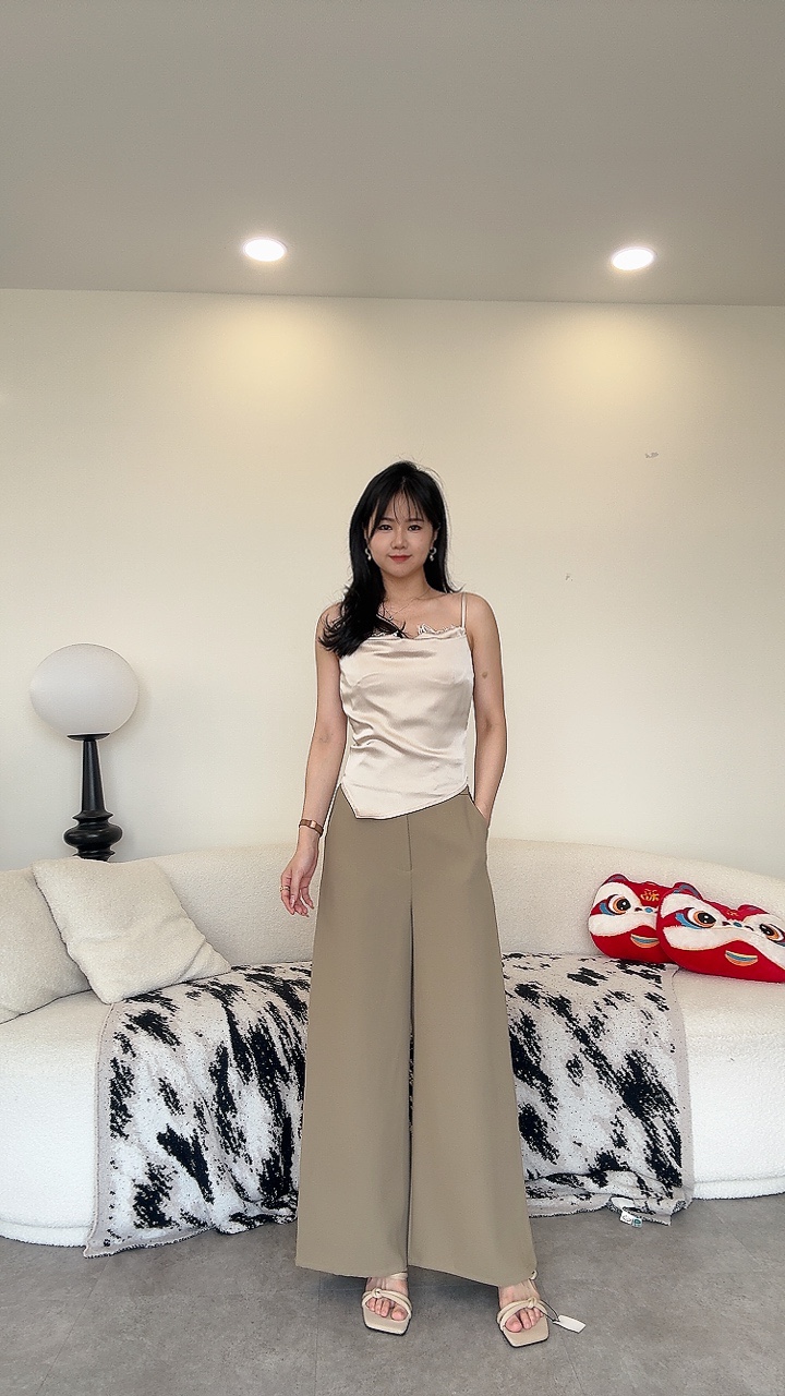 通勤金扣滑面直筒阔腿裤