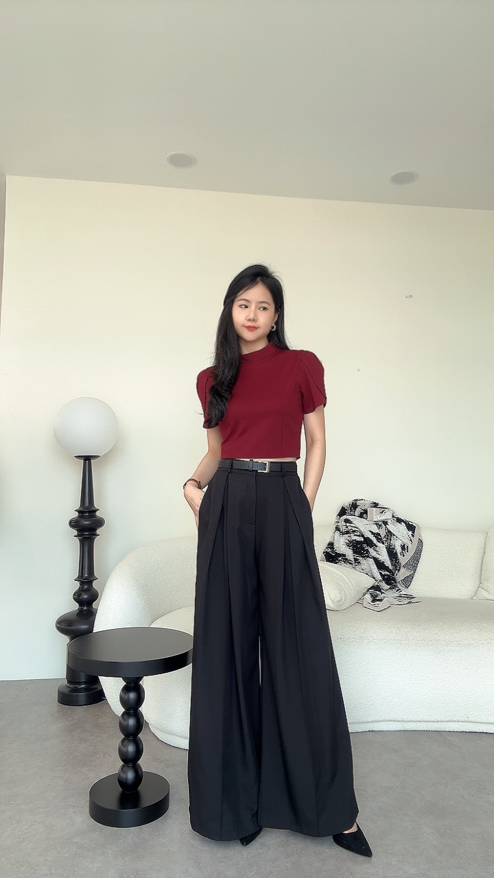 塑胶腰高开叉阔腿裤-腰带