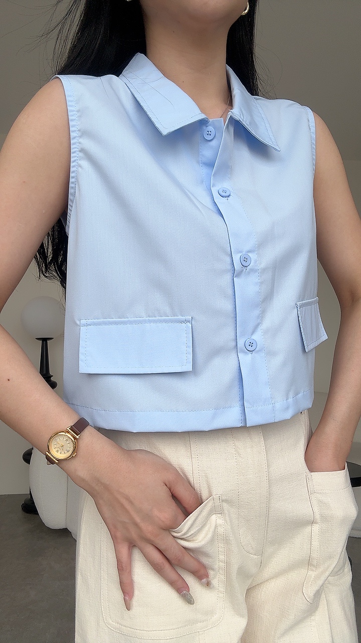 无袖假口袋设计衬衫Top