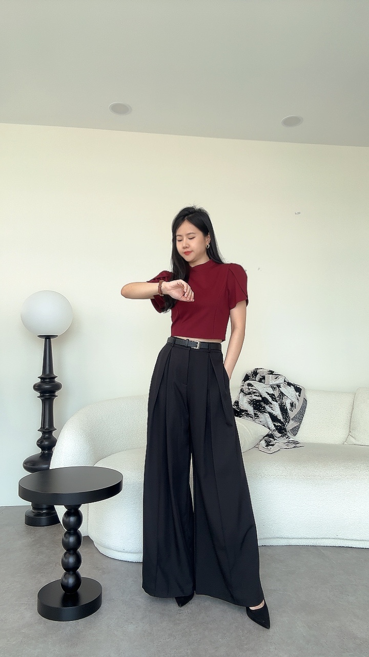 塑胶腰高开叉阔腿裤-腰带