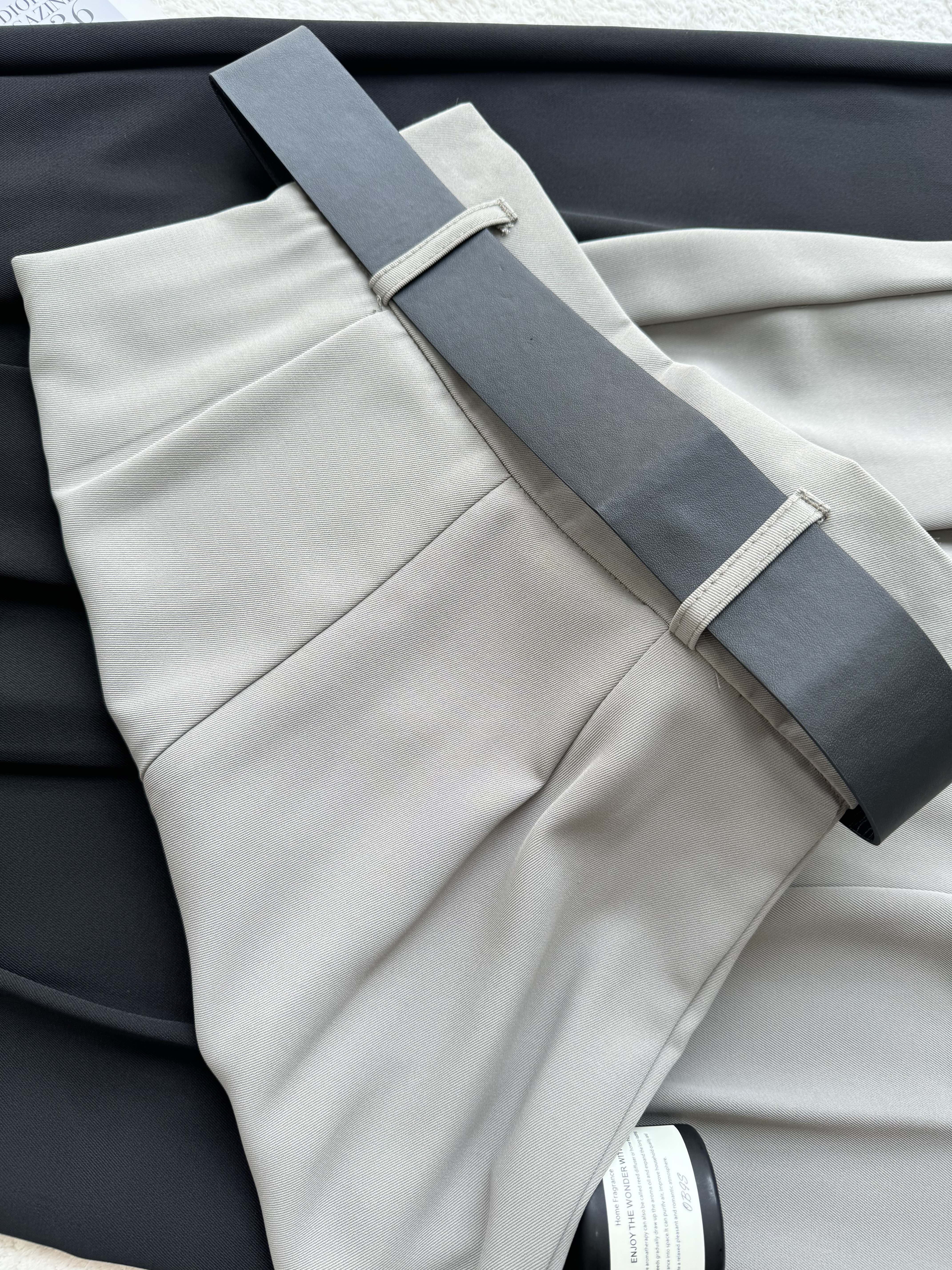 滑面高开褶阔腿裤-附送腰带