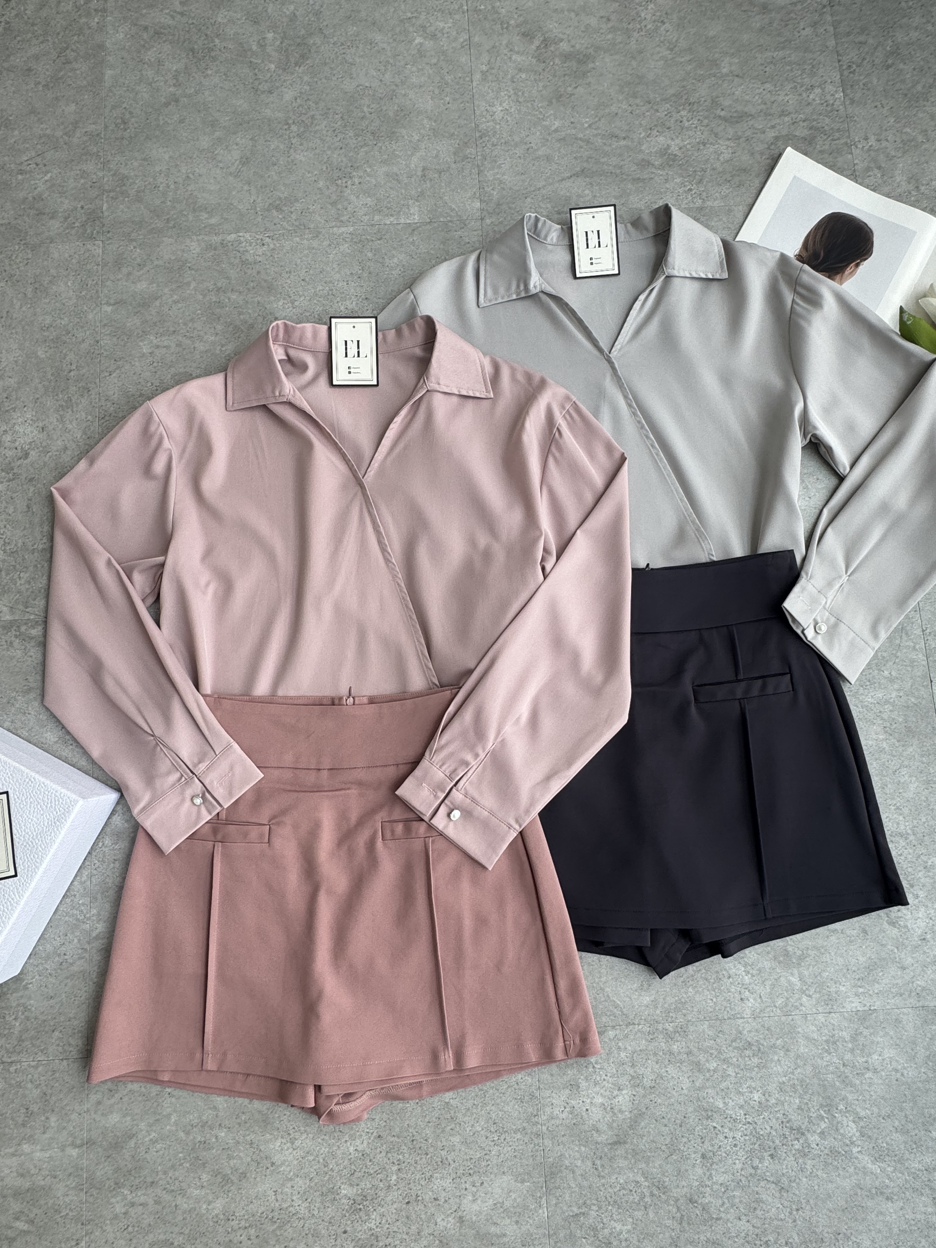 滑面v领衬衫裤裙套装