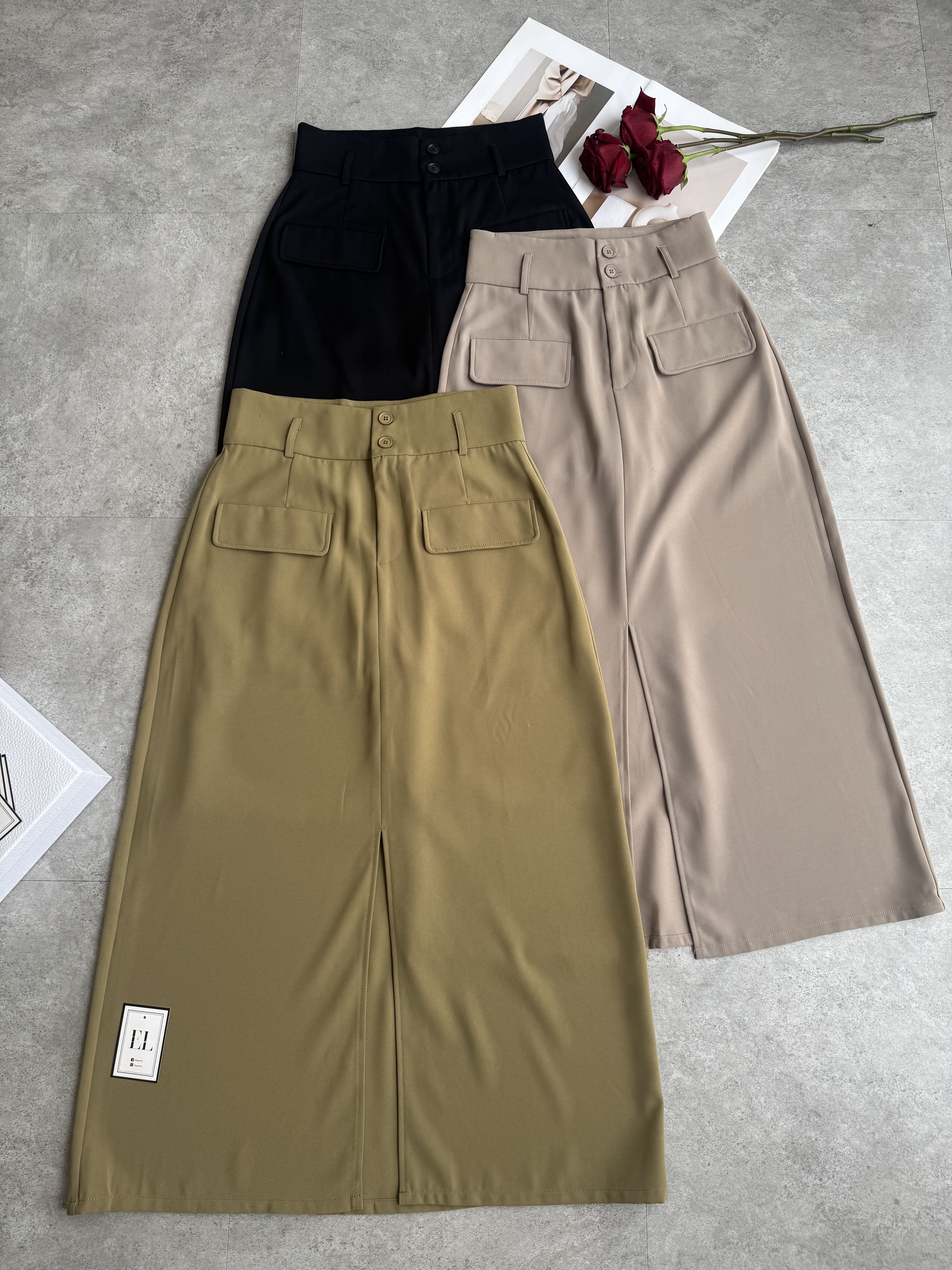 梨形高腰口袋盖设计滑面长裙 