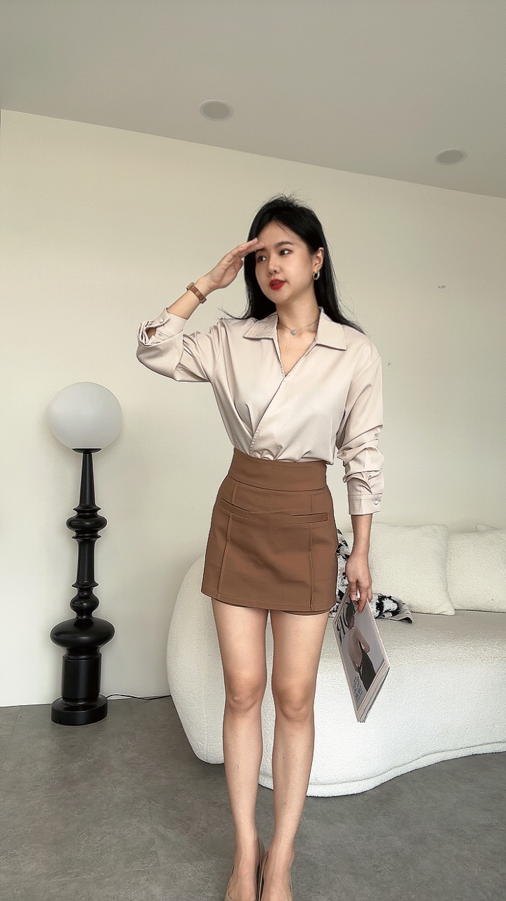 滑面v领衬衫裤裙套装