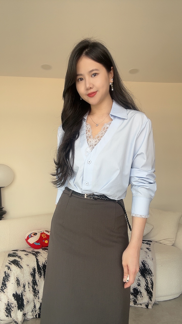 NEW蕾丝边短版衬衫