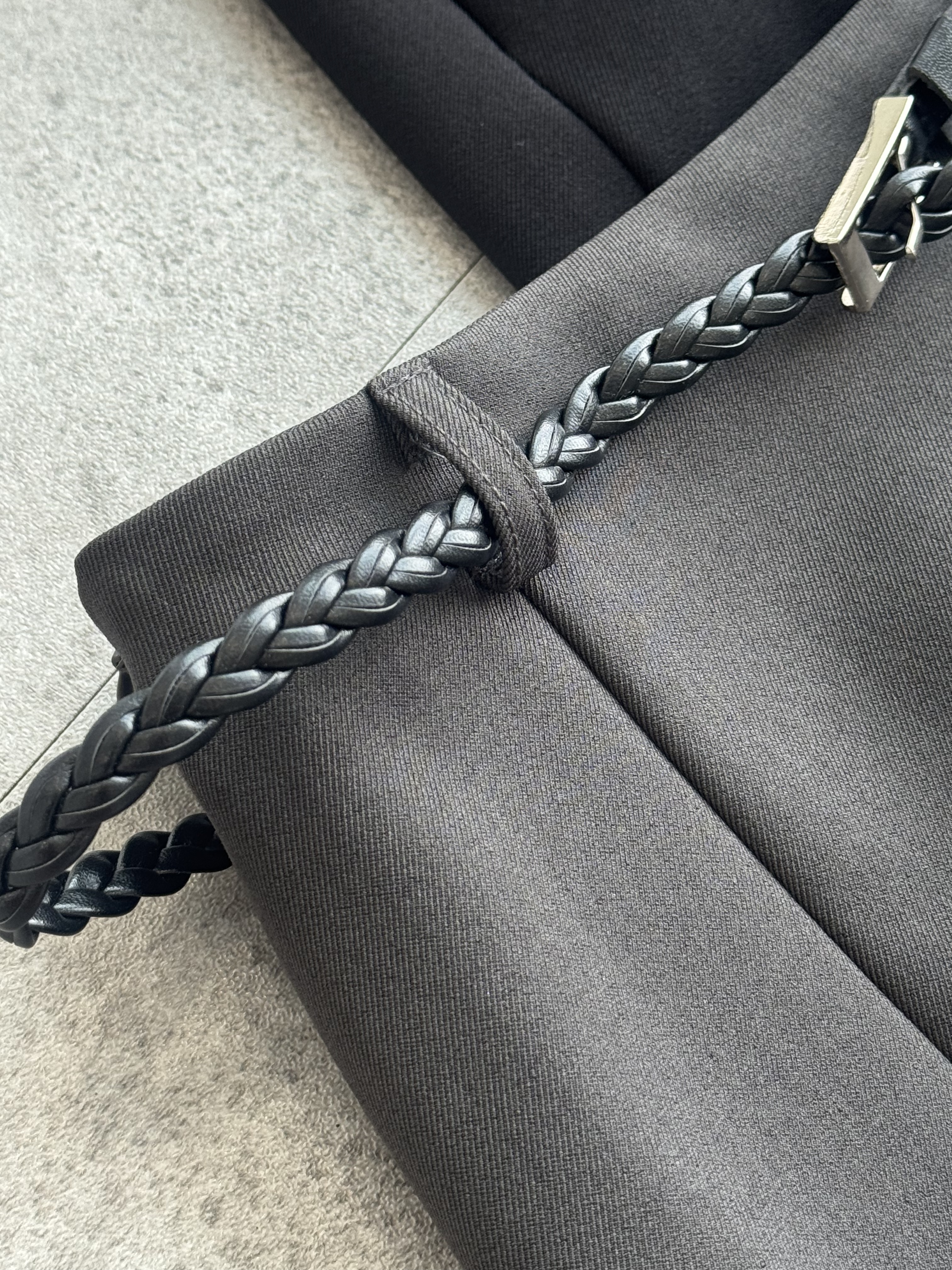 麻编腰带西装直筒长裙