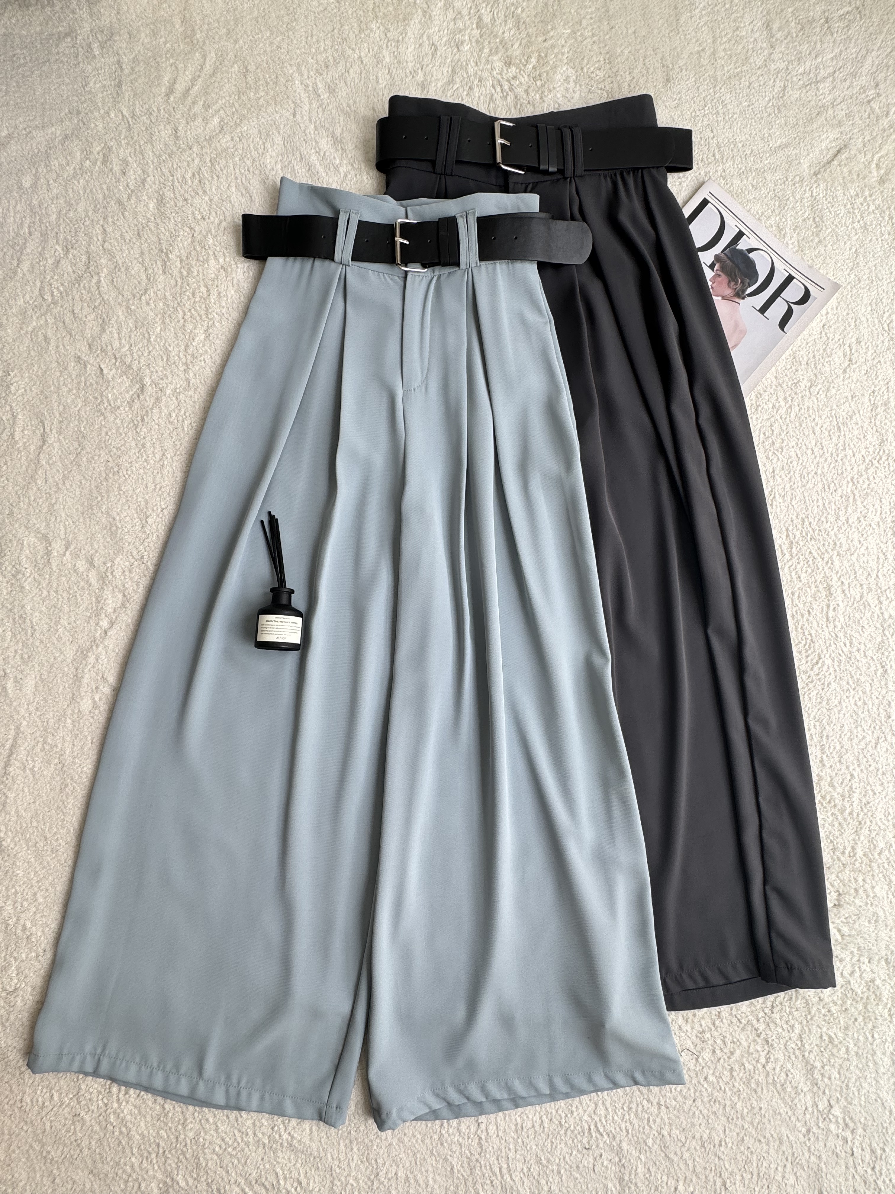 滑面高开褶阔腿裤-附送腰带