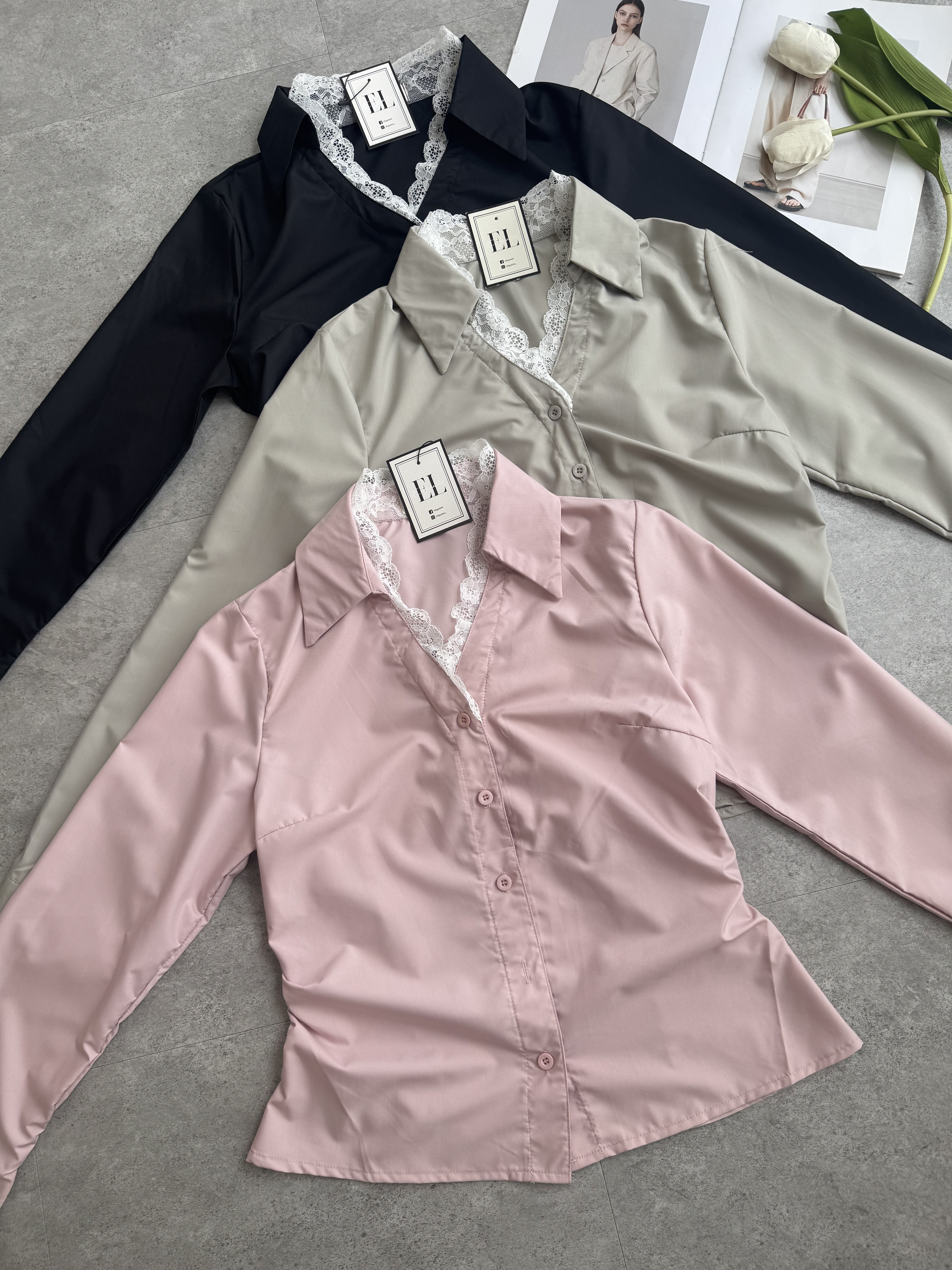 蕾丝边收腰长袖衬衫