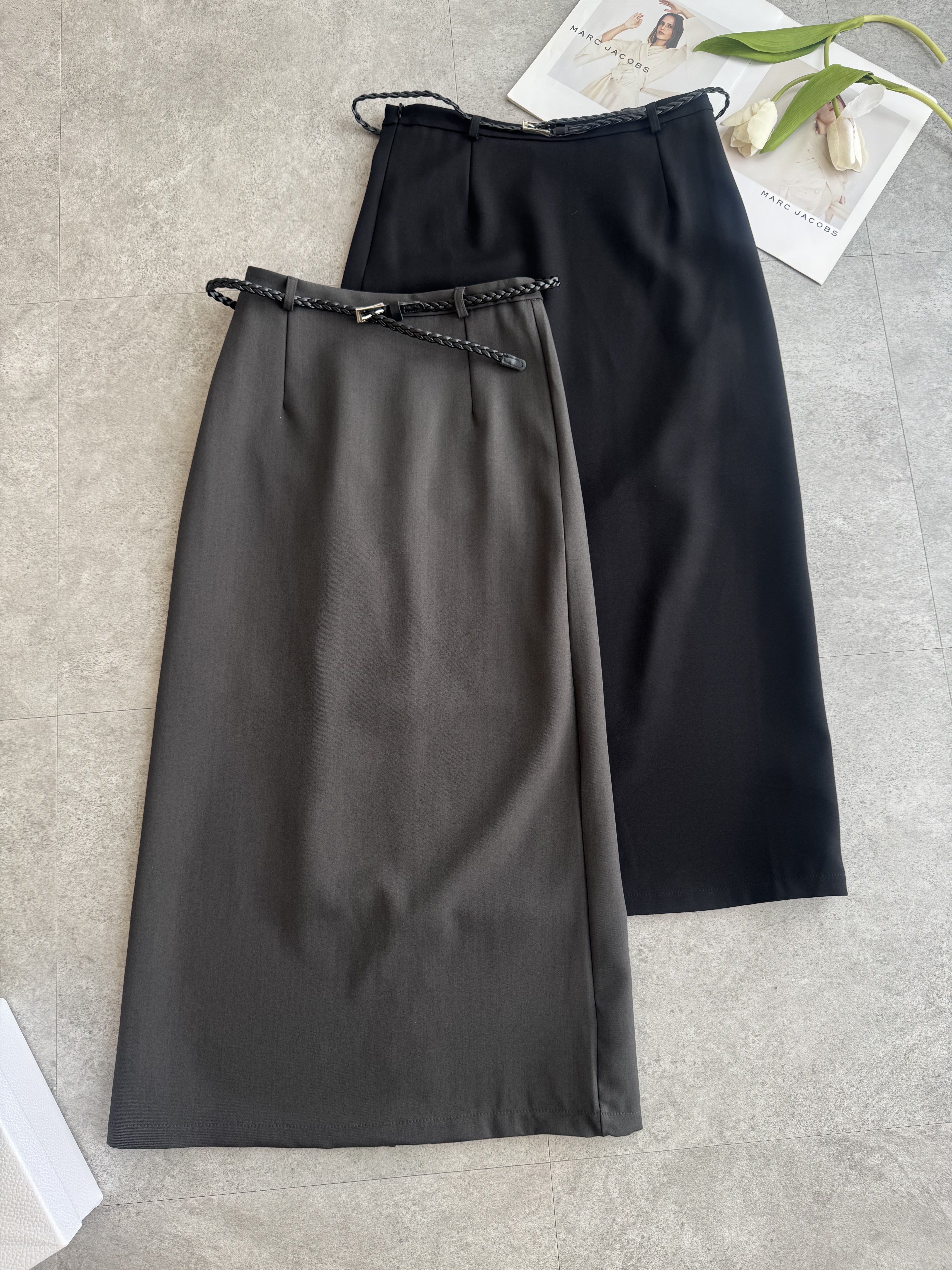 麻编腰带西装直筒长裙