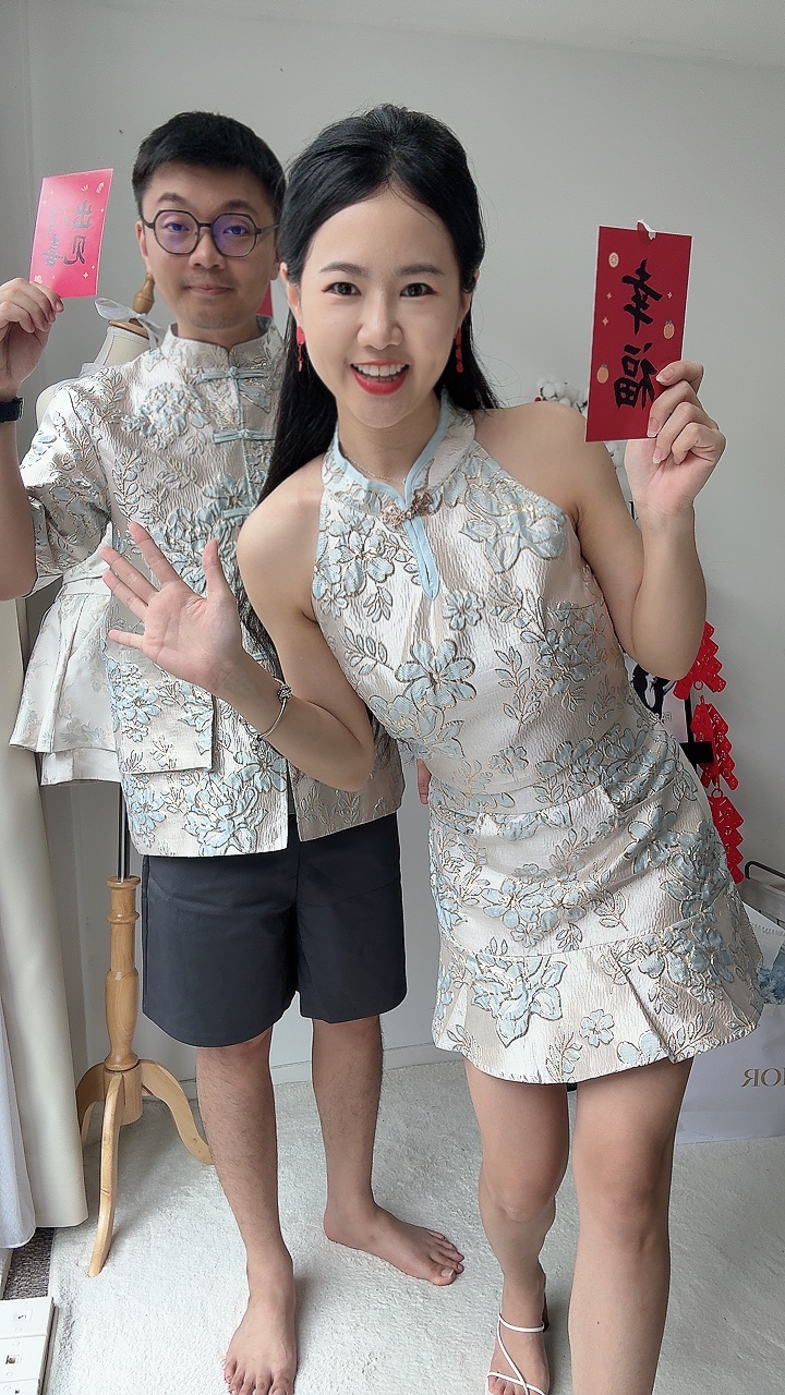 （情侣-女）金边绣旗袍挂脖短袖套装