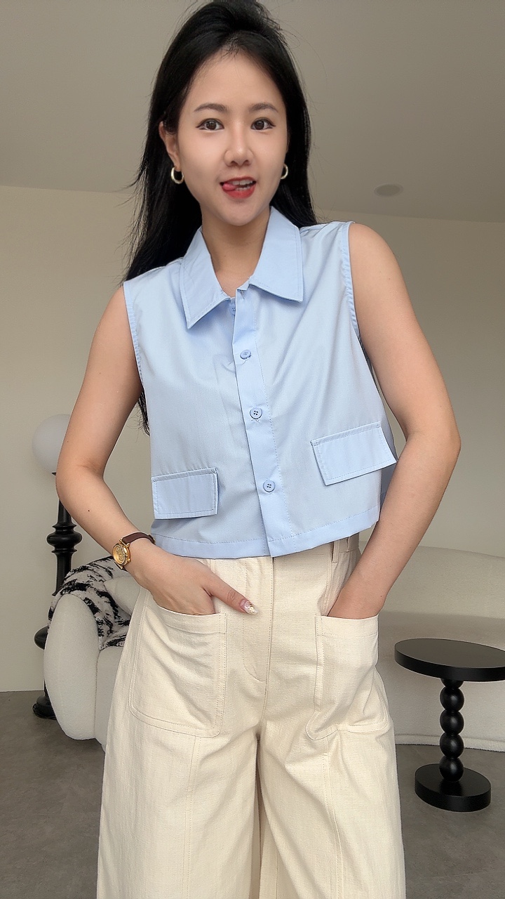 无袖假口袋设计衬衫Top